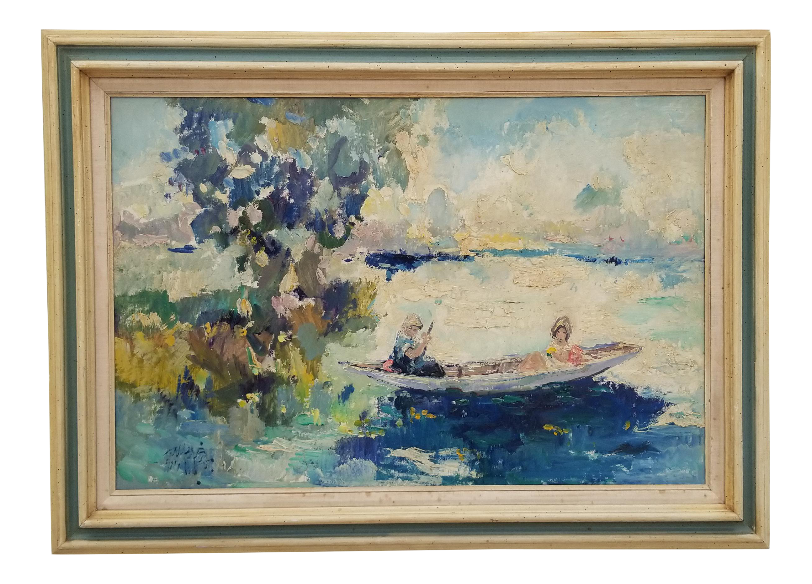 1960s Vintage Whippany Two Children Fishing Oil On Canvas Painting Chairish