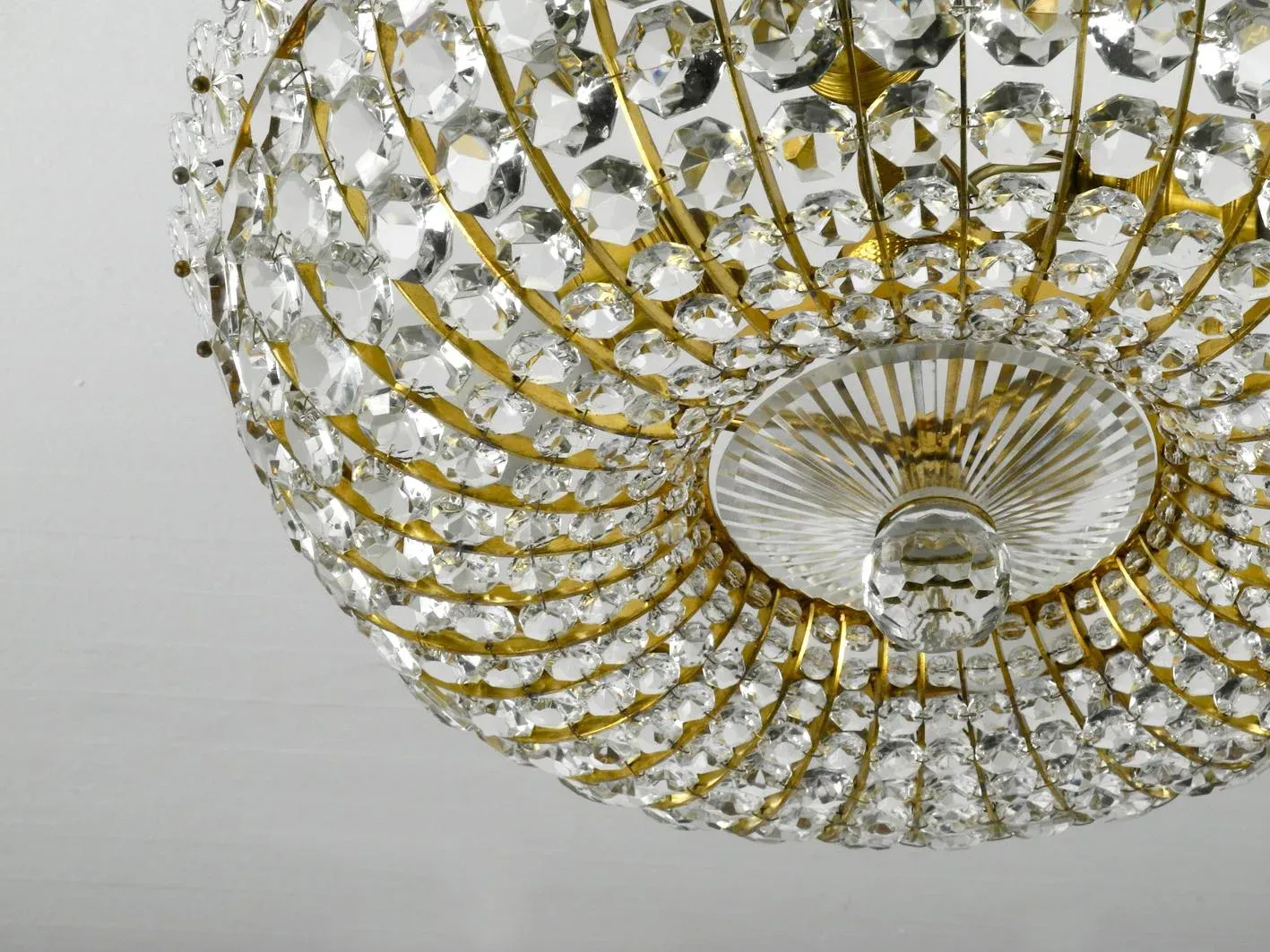 Mid-Century Modern Ceiling Lamp with Glass Stones and Brass Frame from the Vereinigten Werkstätten