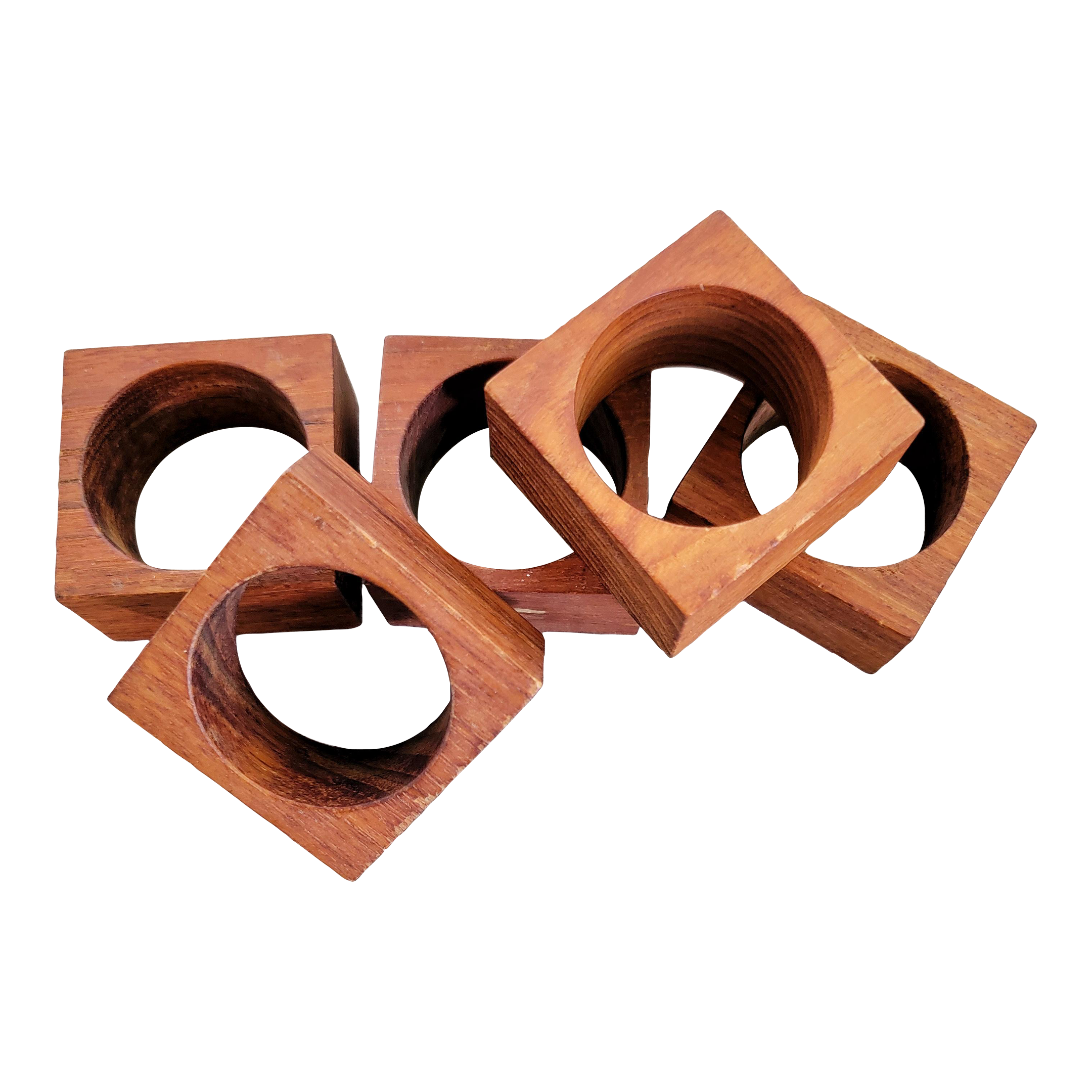 1960s Square Wooden Napkin Rings - Set of 5