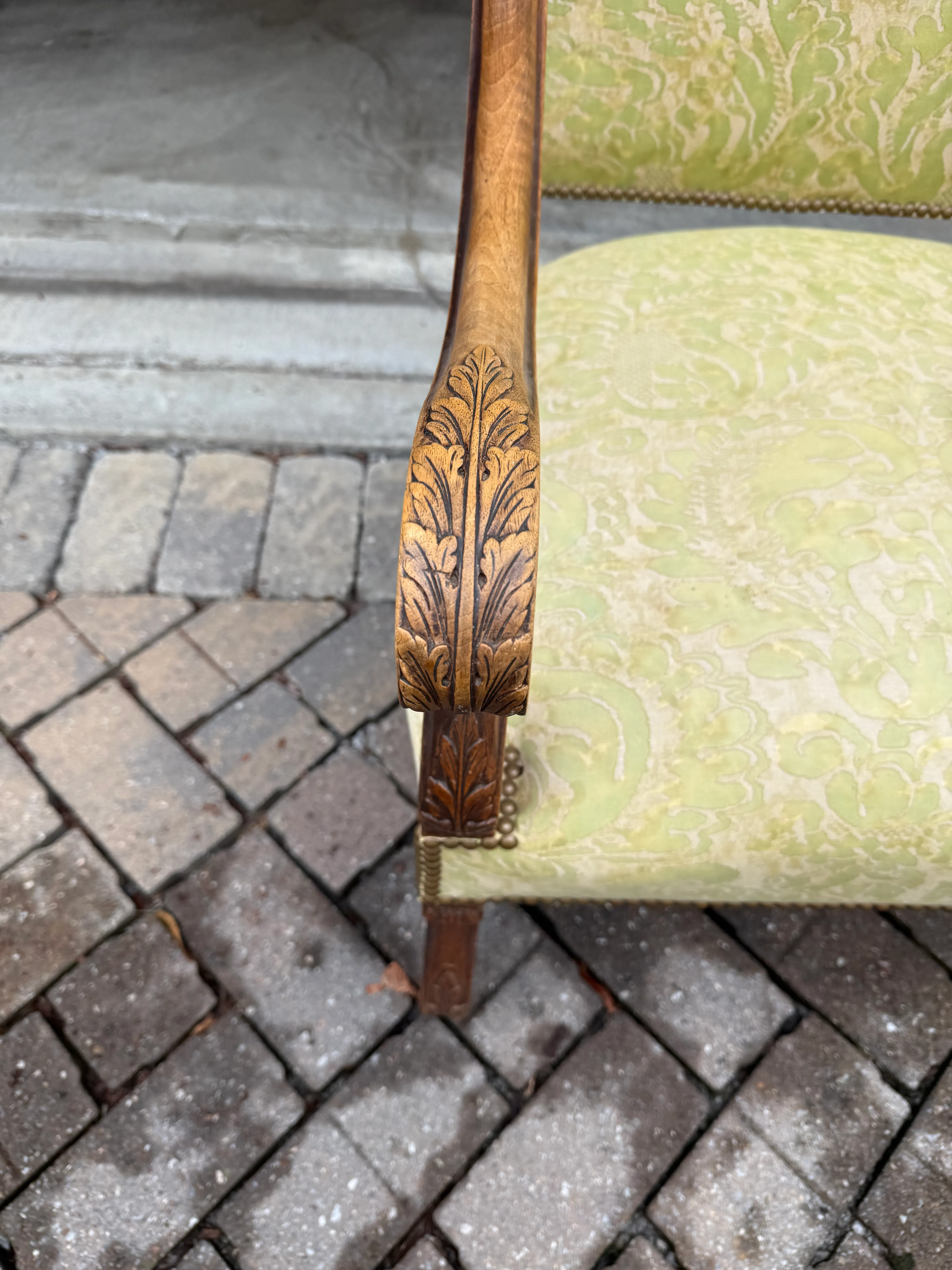 Antique Os De Mouton Chair in Green Fortuny Fabric