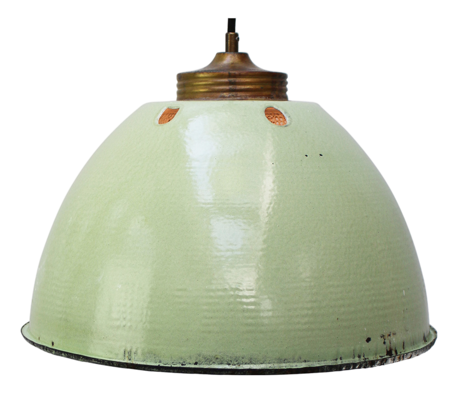 Vintage Brass and Green Enamel Pendant Light with Frosted Glass