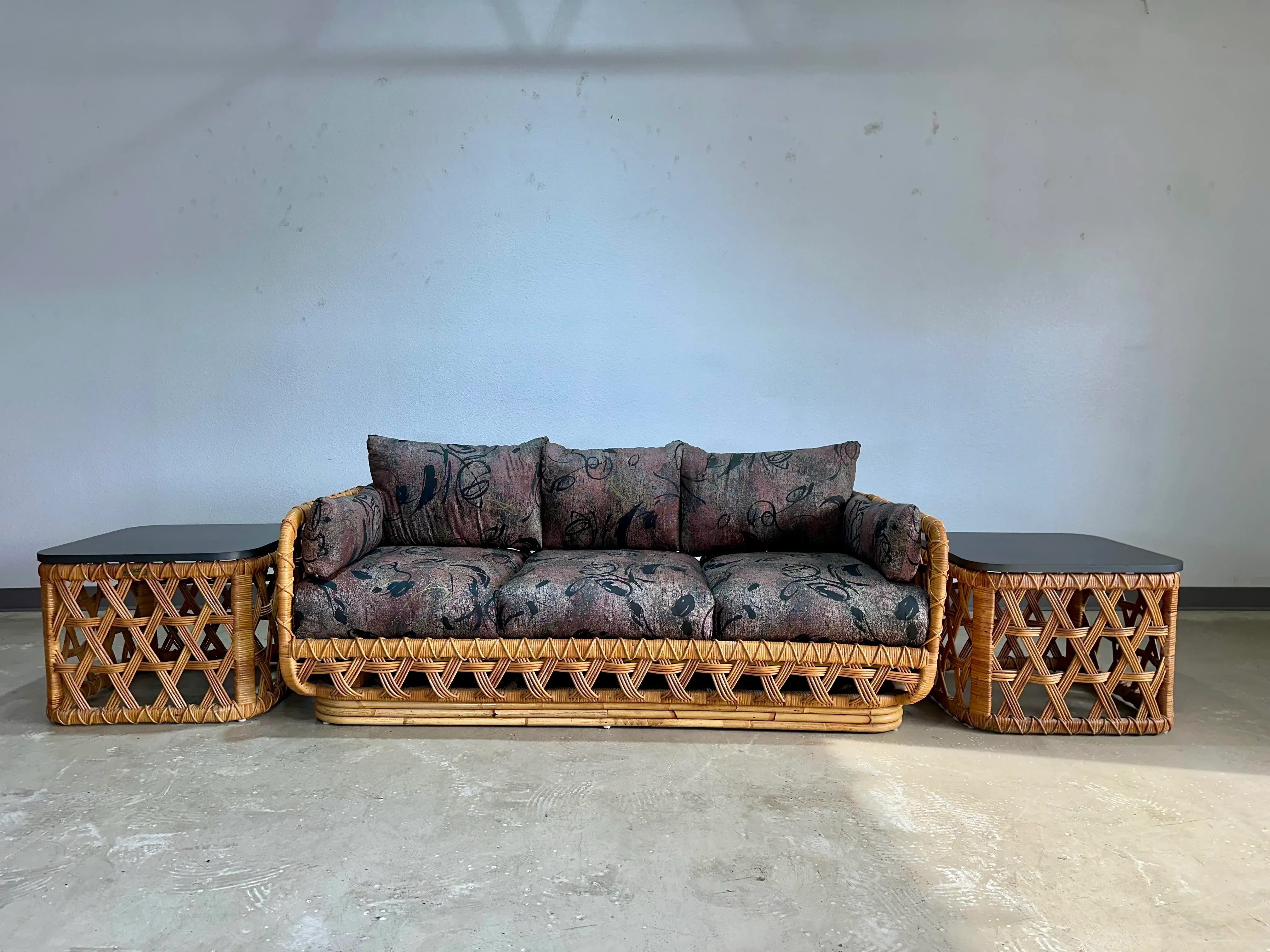 1970s Danny Ho Fong for Tropi-Cal Basket Weave Rattan Sofa