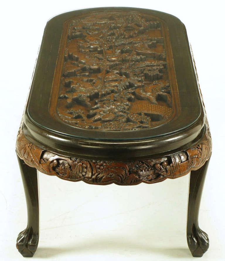 Oriental hand carved oval coffee table with 6 stools hotsell