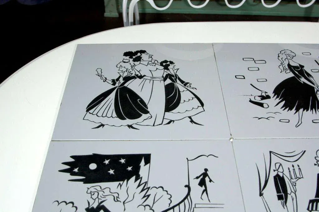 1960s Vintage French Etched Glass Cinderella Panels- Set of 9