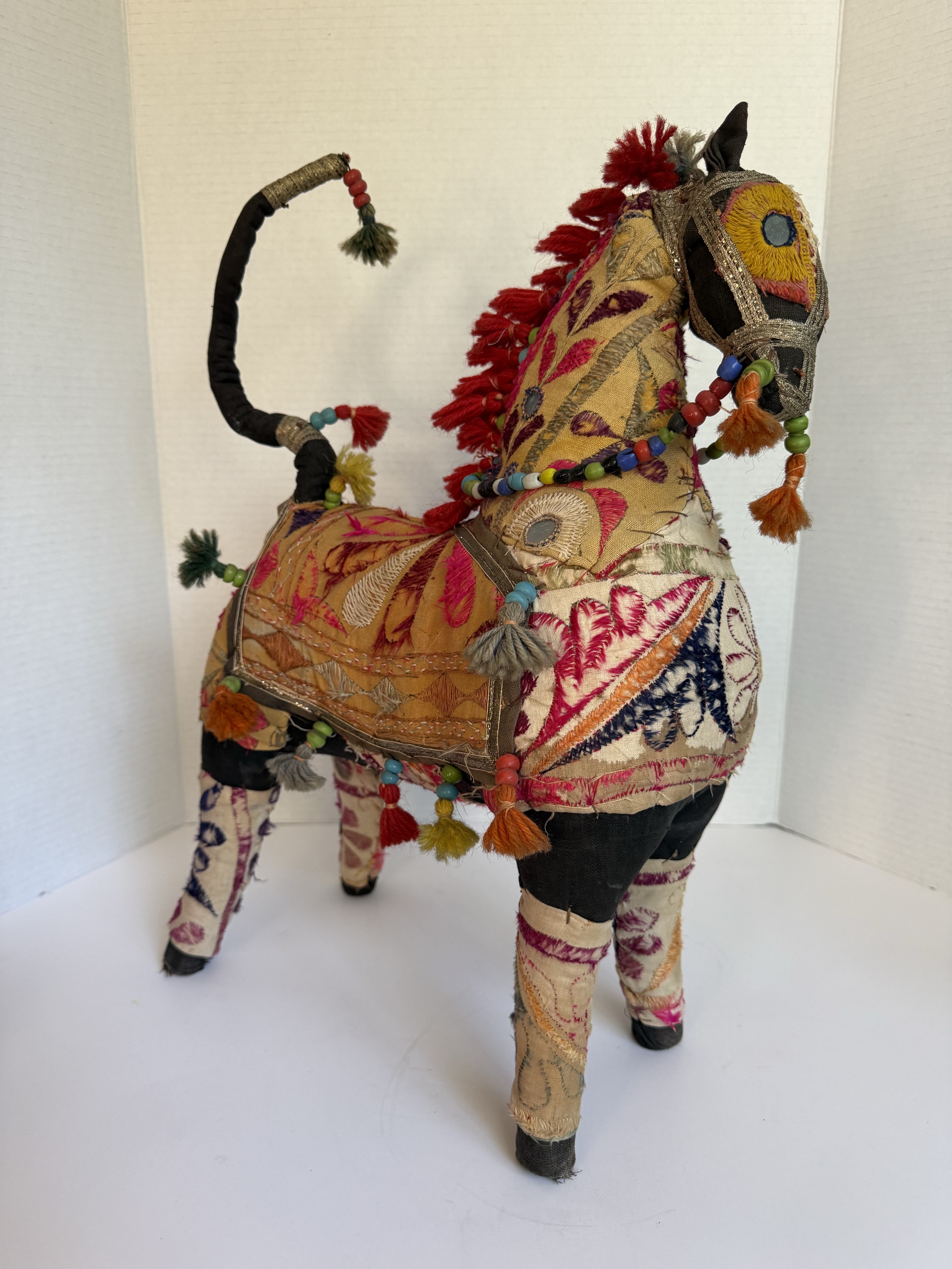 Antique Rajasthani Embroidered Textile Art Horse Figurative Sculpture