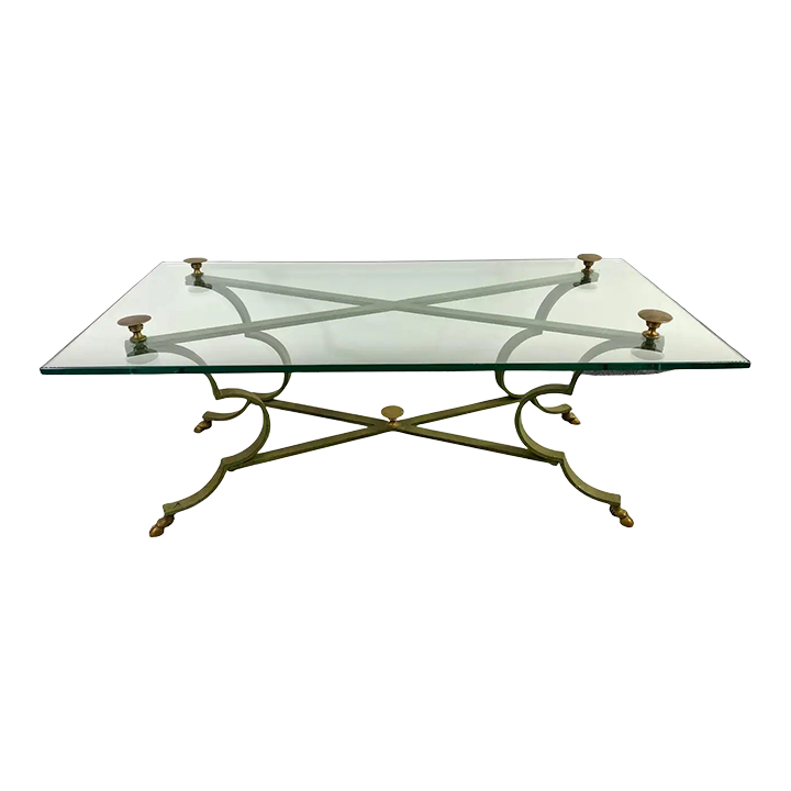 Neoclassical Style Brass and Cast Iron Coffee Table With Glass Top