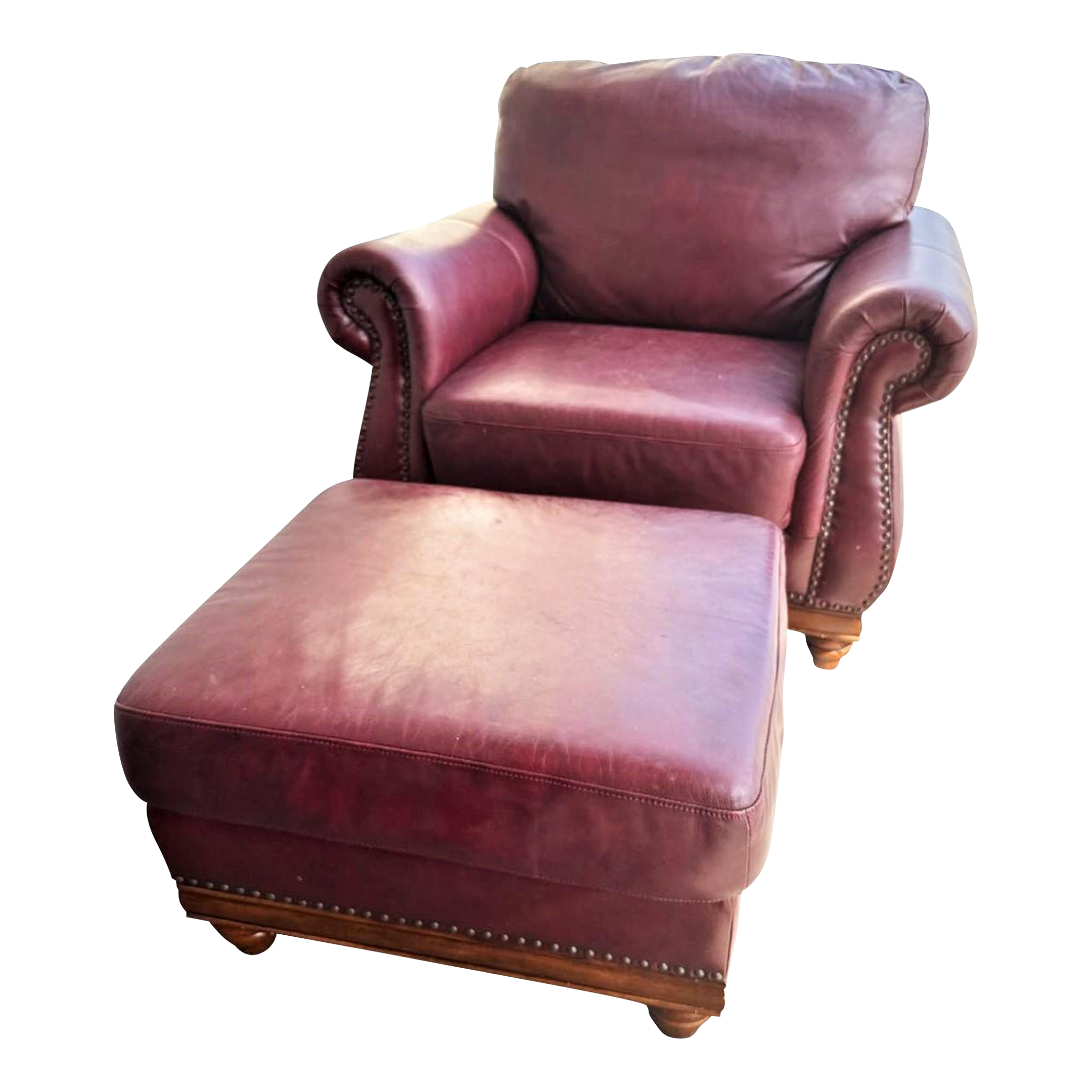 Burgundy Red Leather Rolled Arm Chair and Ottoman Set Early 21st