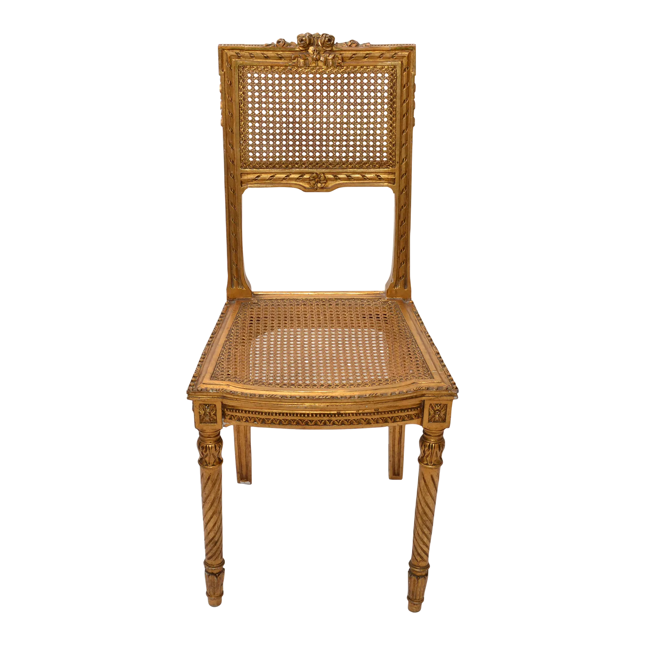 Carved & Turned Gilt Wood Vanity Chair Hollywood Regency Woven Cane