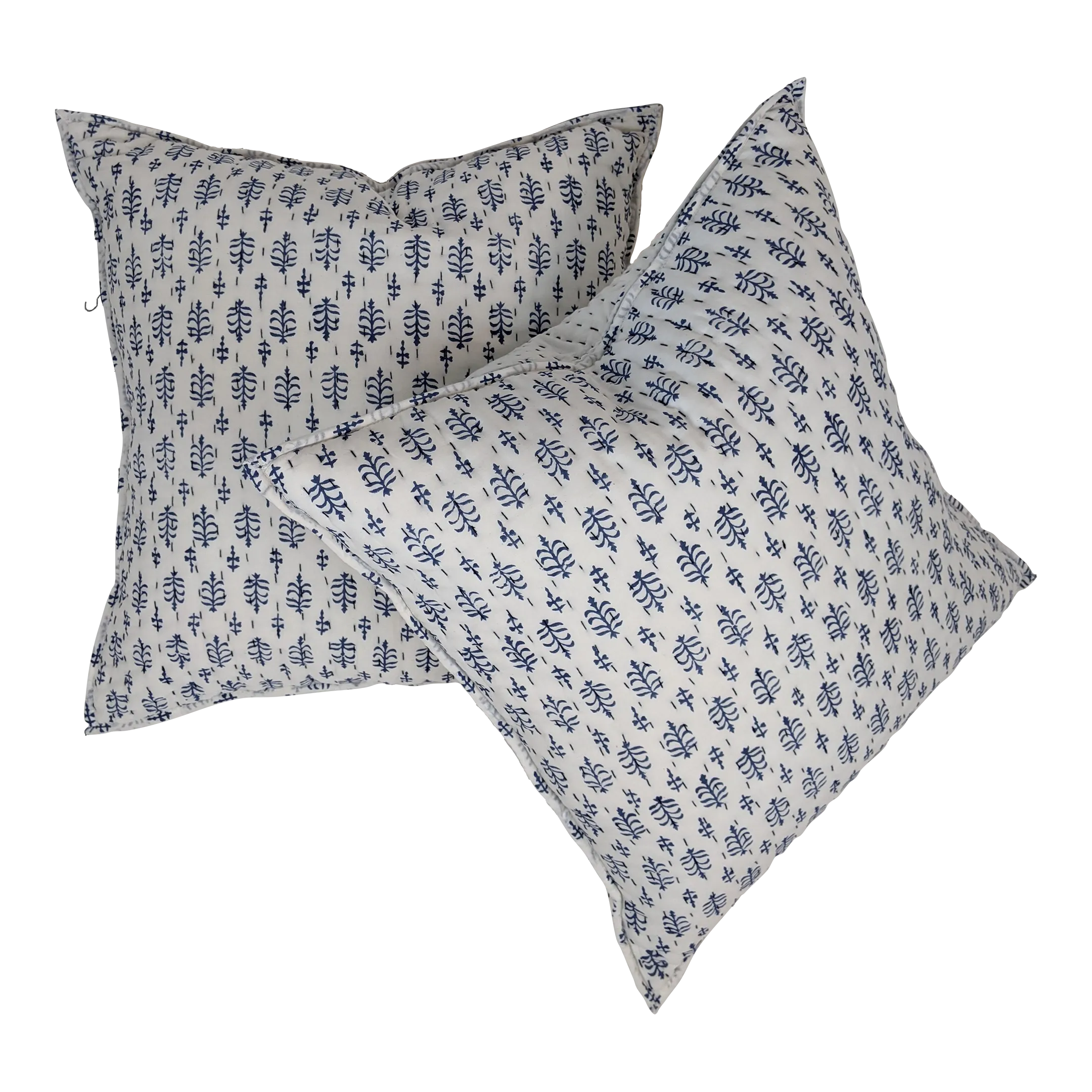 Contemporary Block Printed Hand-Embroidered Kantha Pillow Covers- a Pair