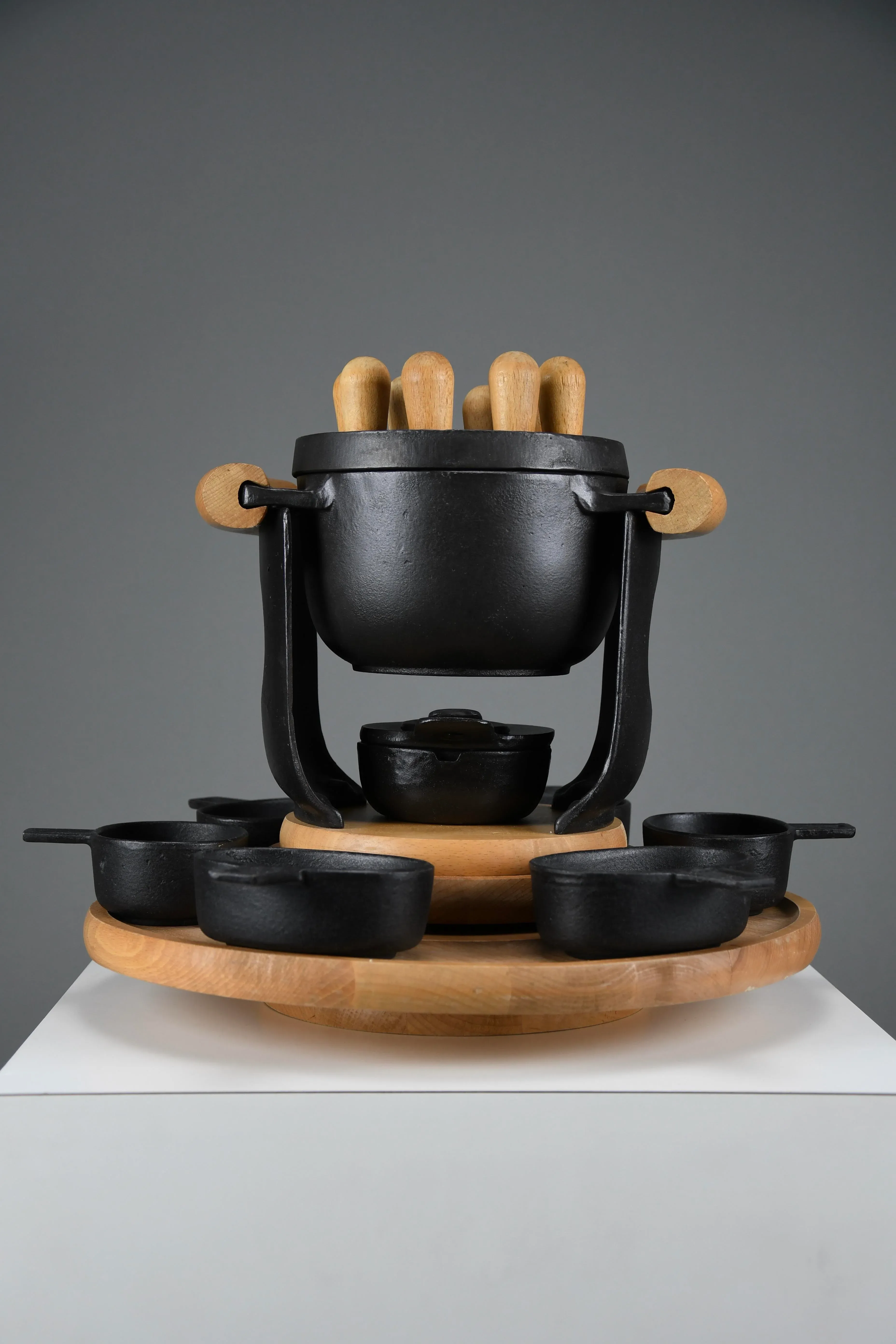 Mid-Century Modern Cast Iron and Wood Fondue Set by Richard Nissen