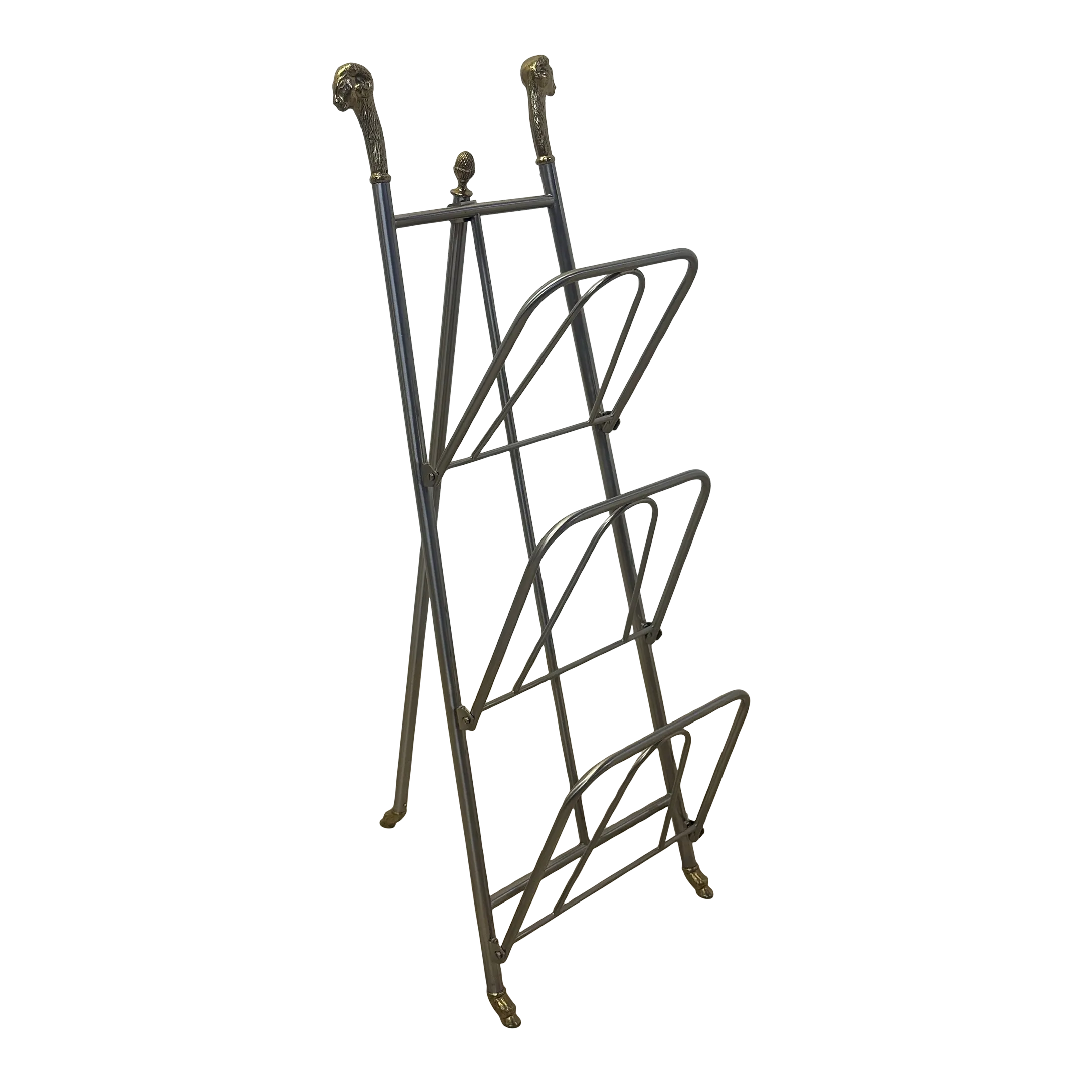 Maison Jansen Style Steel and Brass Rams Head and Feet Magazine Rack, Italy