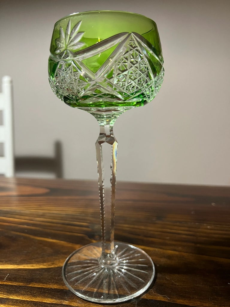 Vintage Val St Lambert Green Cut to Clear Crystal Hock Wine