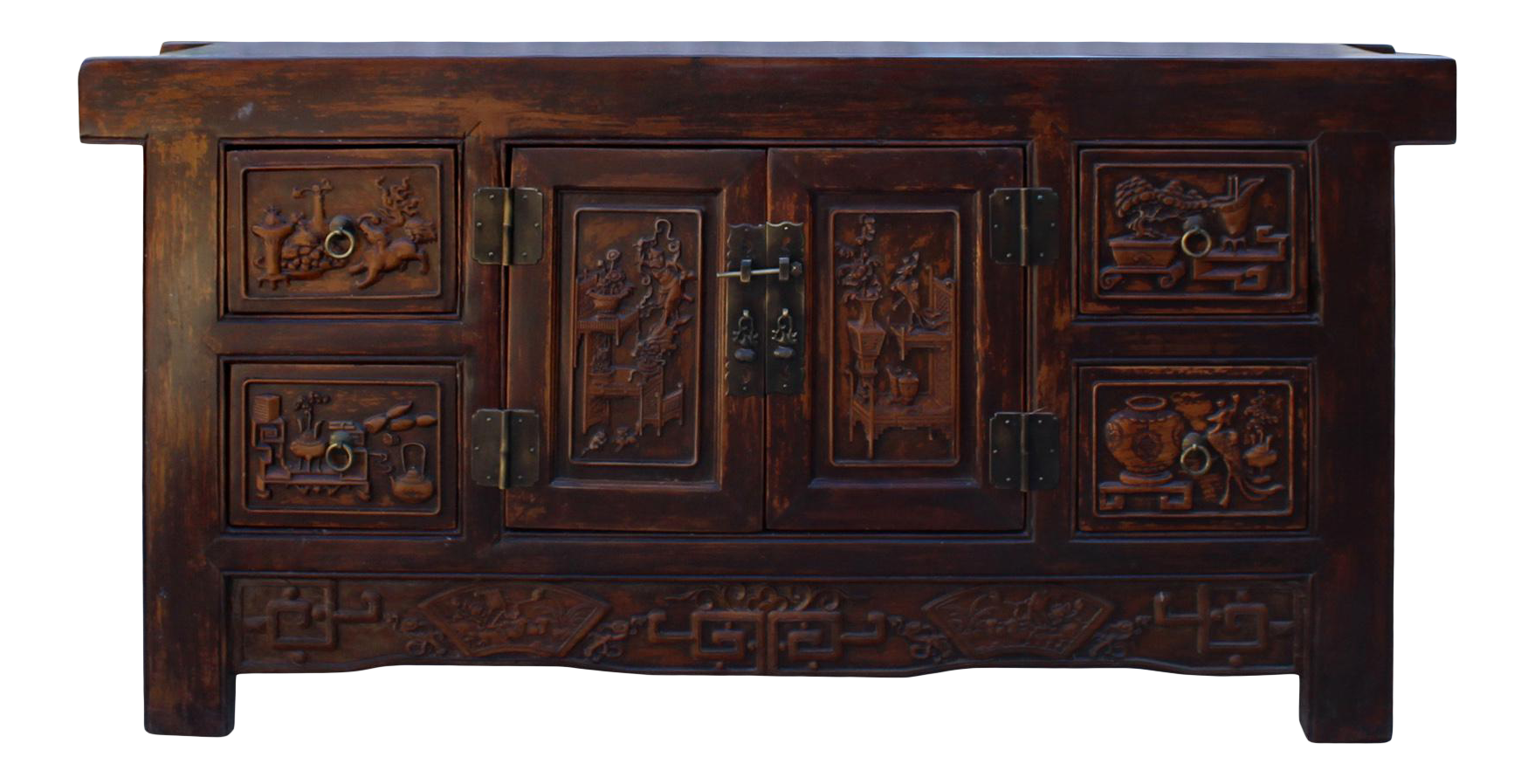 Chinese Distressed Brown Floral Motif Low Table Cabinet cs5021E