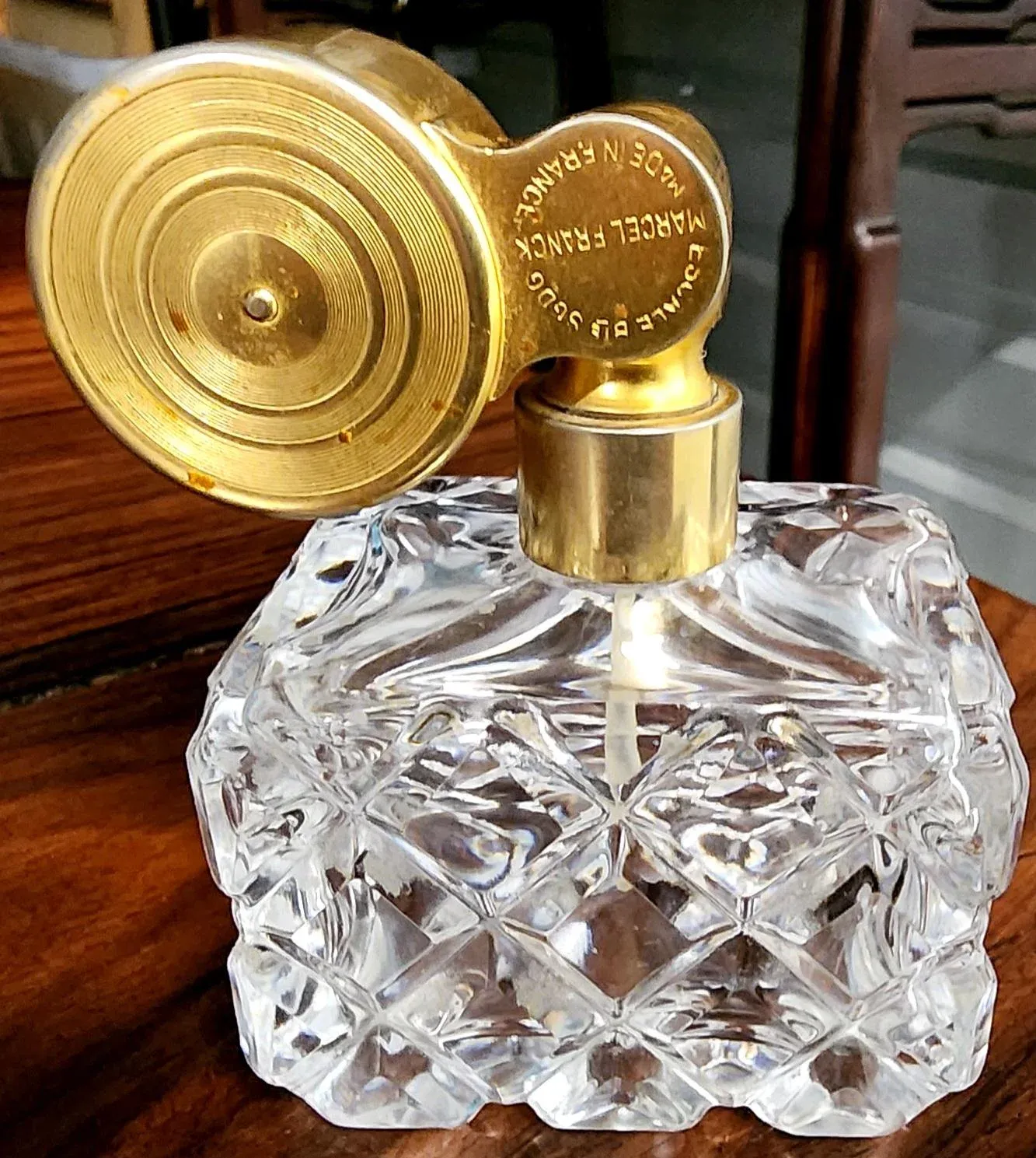 Marcel Franck Vintage Fine Deep Cut Crystal Perfume Bottle W/Brass