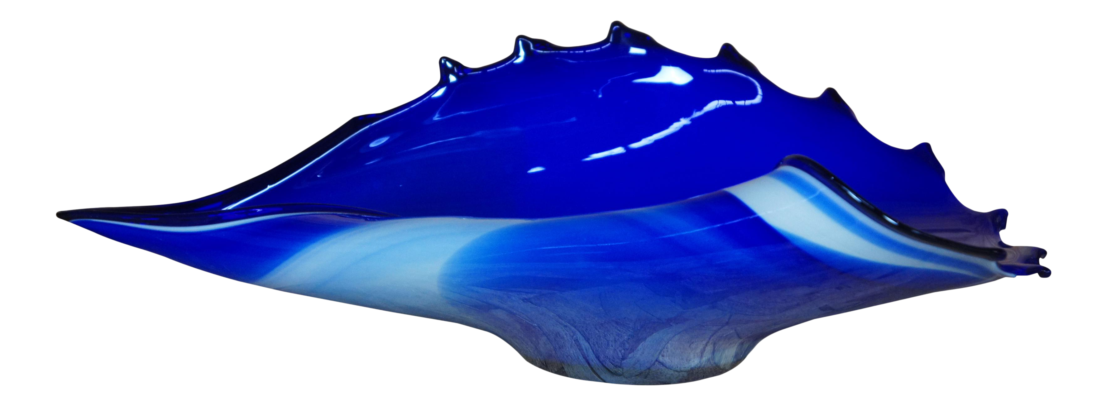 Vintage Polish Hand Blown Modern Free Form Blue Art Glass Centerpiece