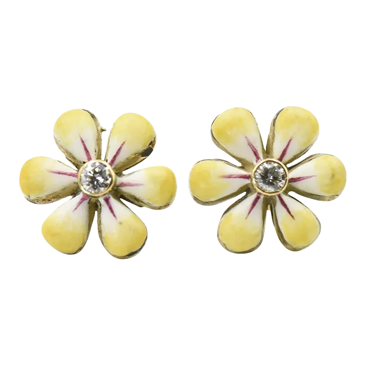 Yellow Enamel Daisy Flower Diamond Gold Earrings by Sandra J. Sensations - 2 Pieces