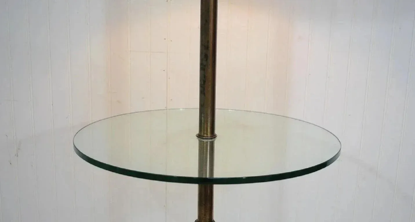 Vintage Queen Anne Style Solid Brass & Glass Occasional Floor Lamp Side Table