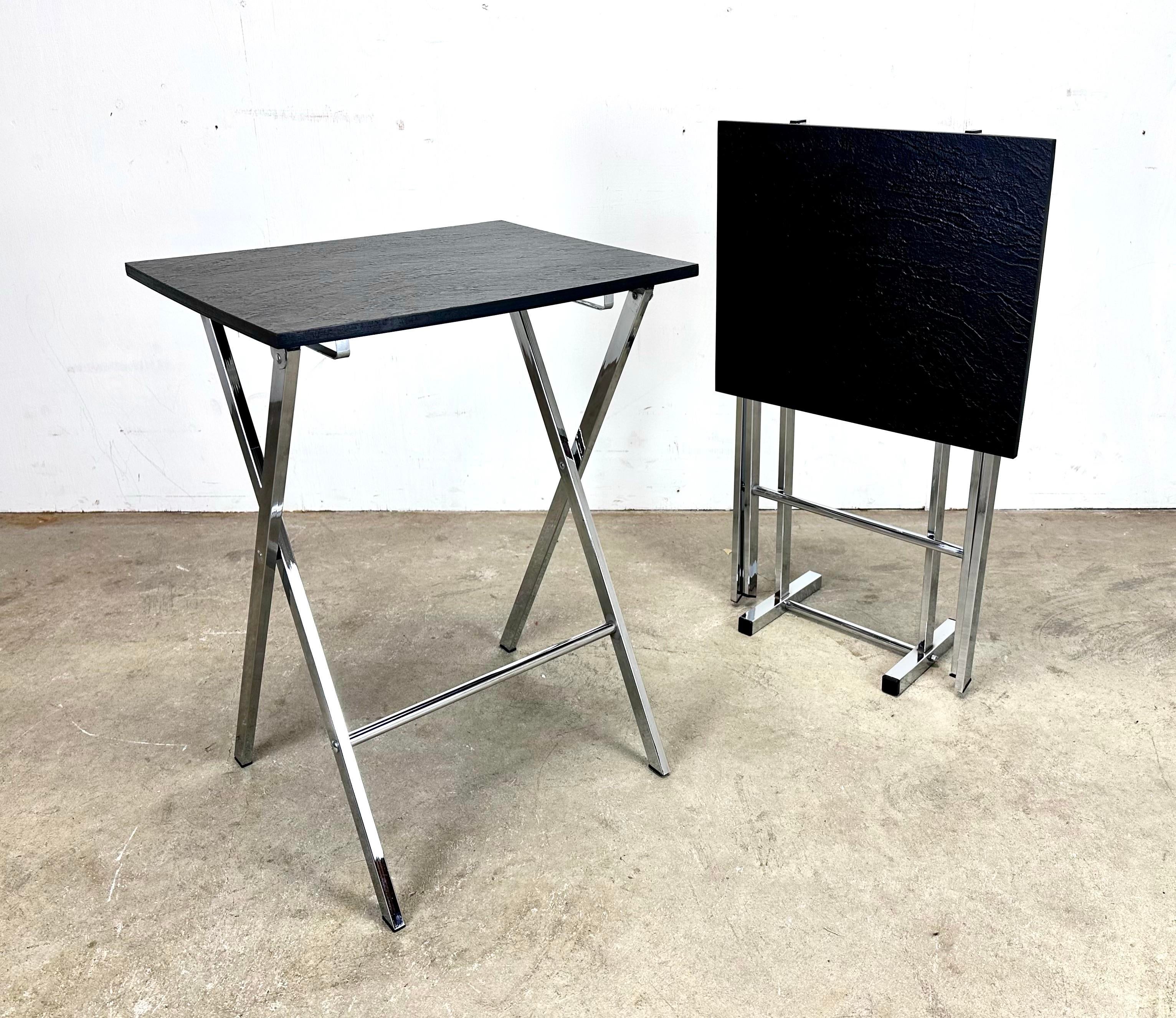 Vintage 1970's Modern Folding Chrome Faux Slate Tray Tables