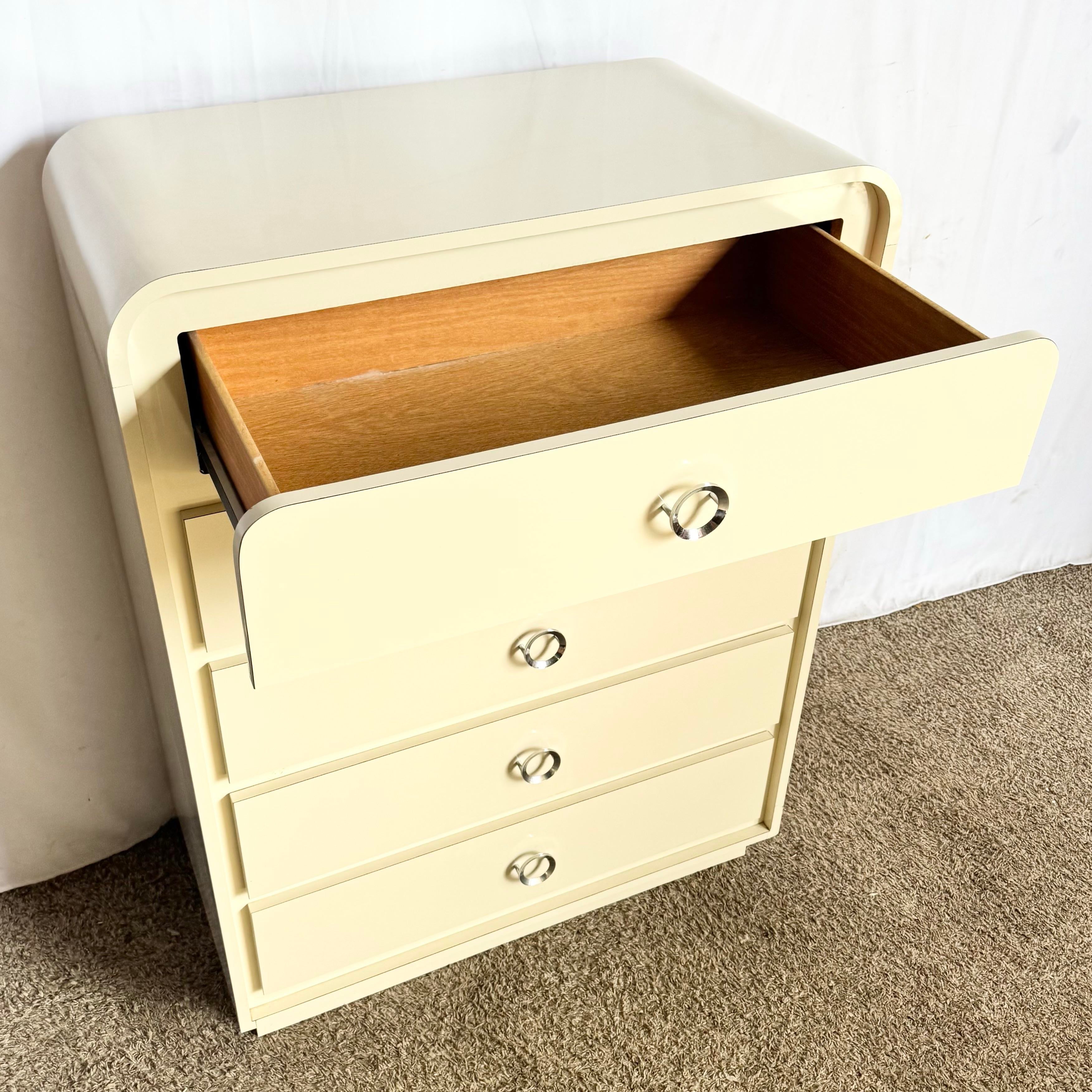 1980s Postmodern Cream Lacquer Laminaye Waterfall Highboy Dresser | Chairish