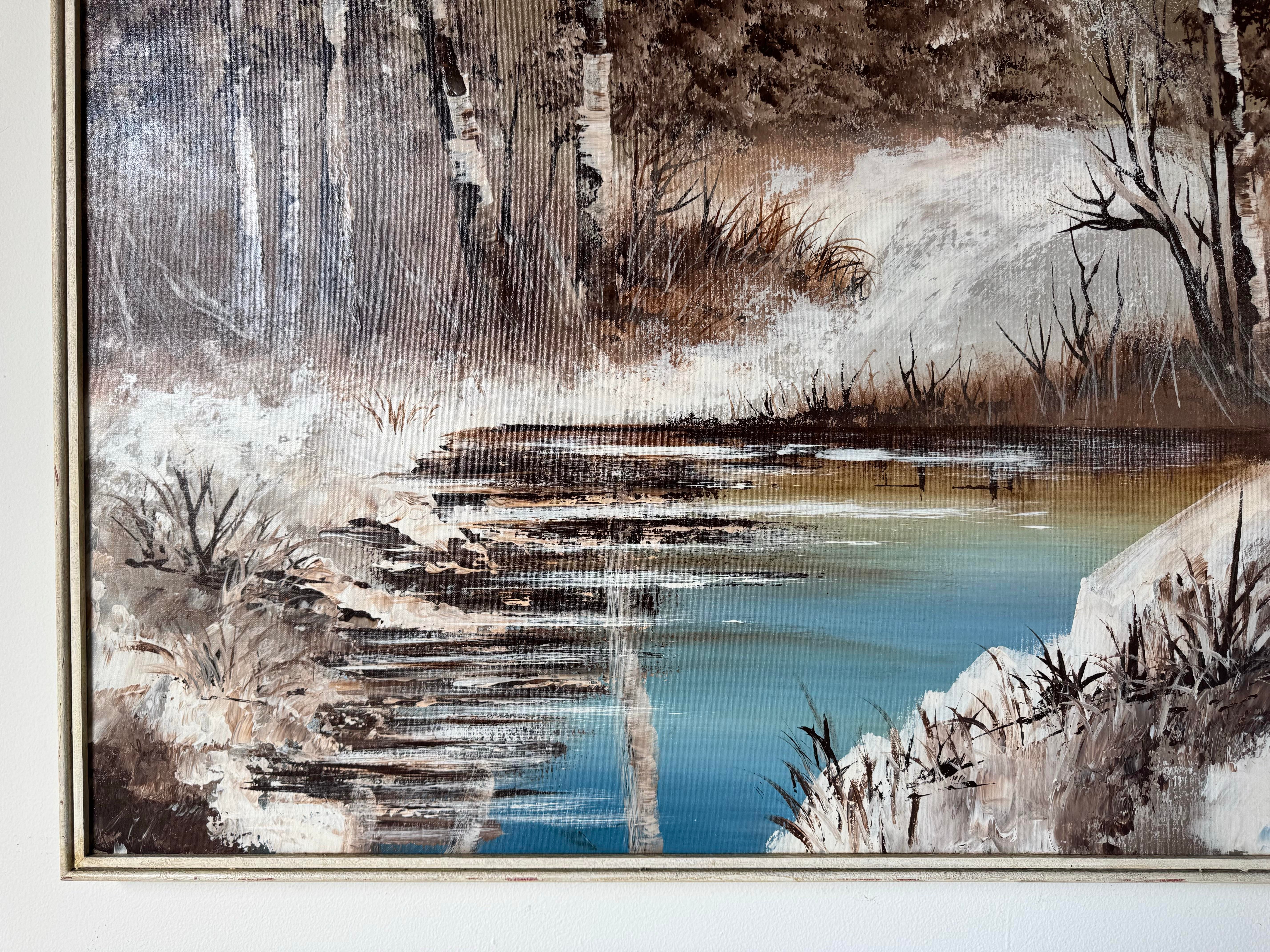A Large Vintage 1970's Serene Winter Landscape Oil Painting