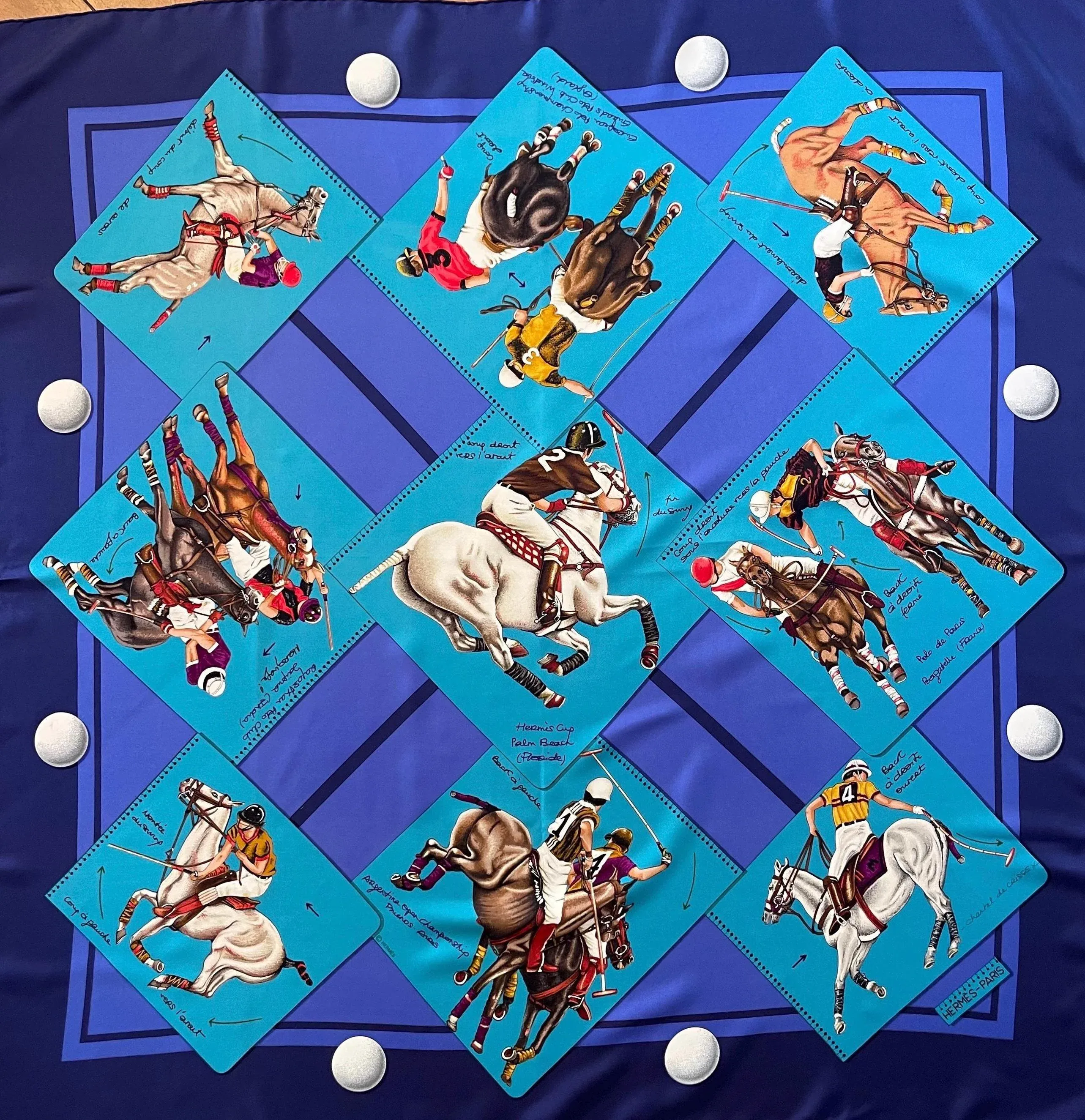 HERMESスカーフ　87×87 Hermès Scarf « Monde Du Polo - Cup Palm Beach » 1987 | Chairish