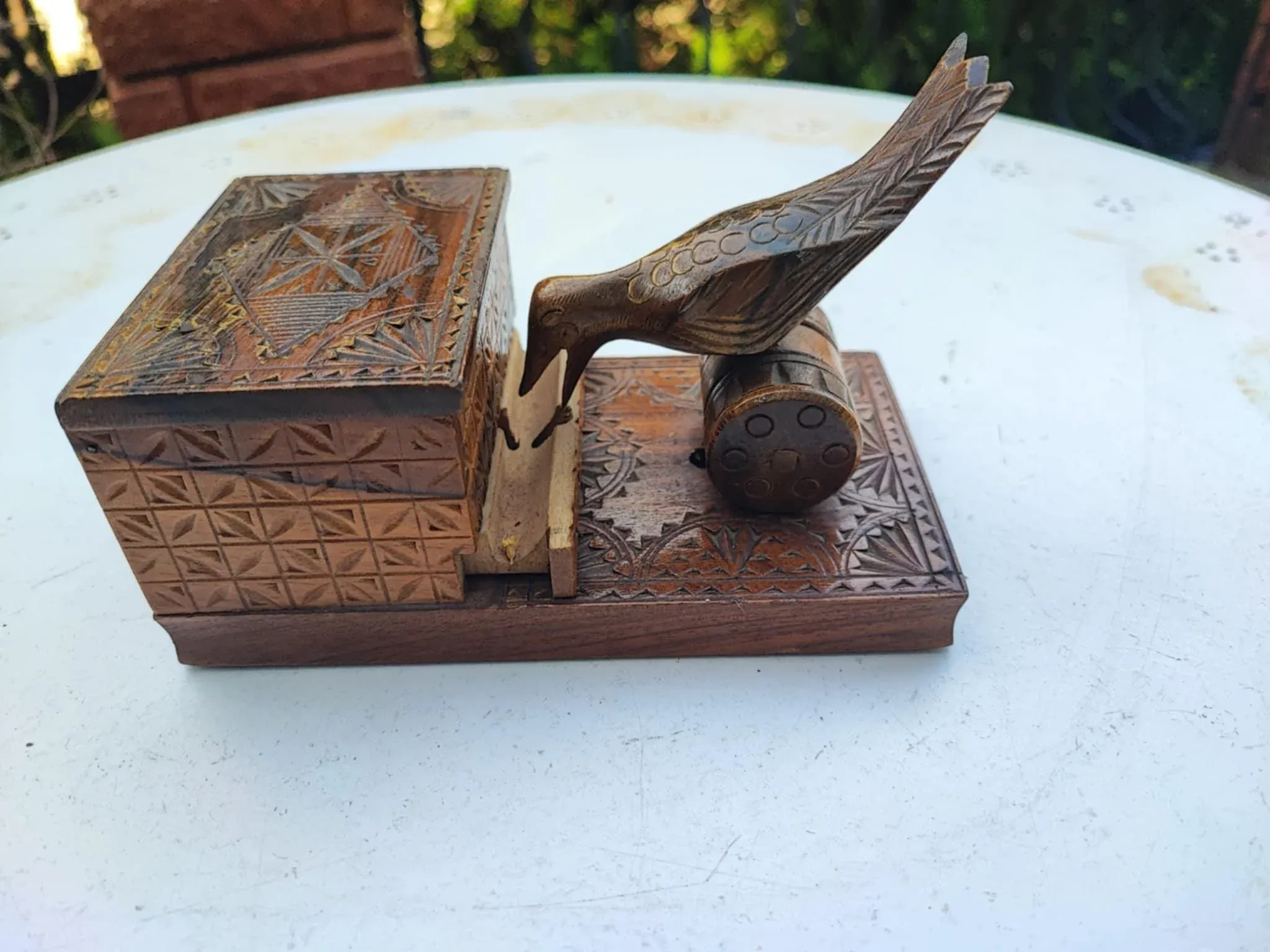bird cigarette dispenser Vintage Carved Wooden Bird-Shaped Cigarette Dispenser, 1960s