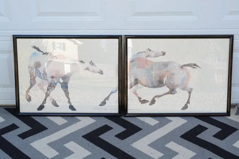 1980s Carol Grigg Painted Ponies Framed Lithograph Prints - A Pair