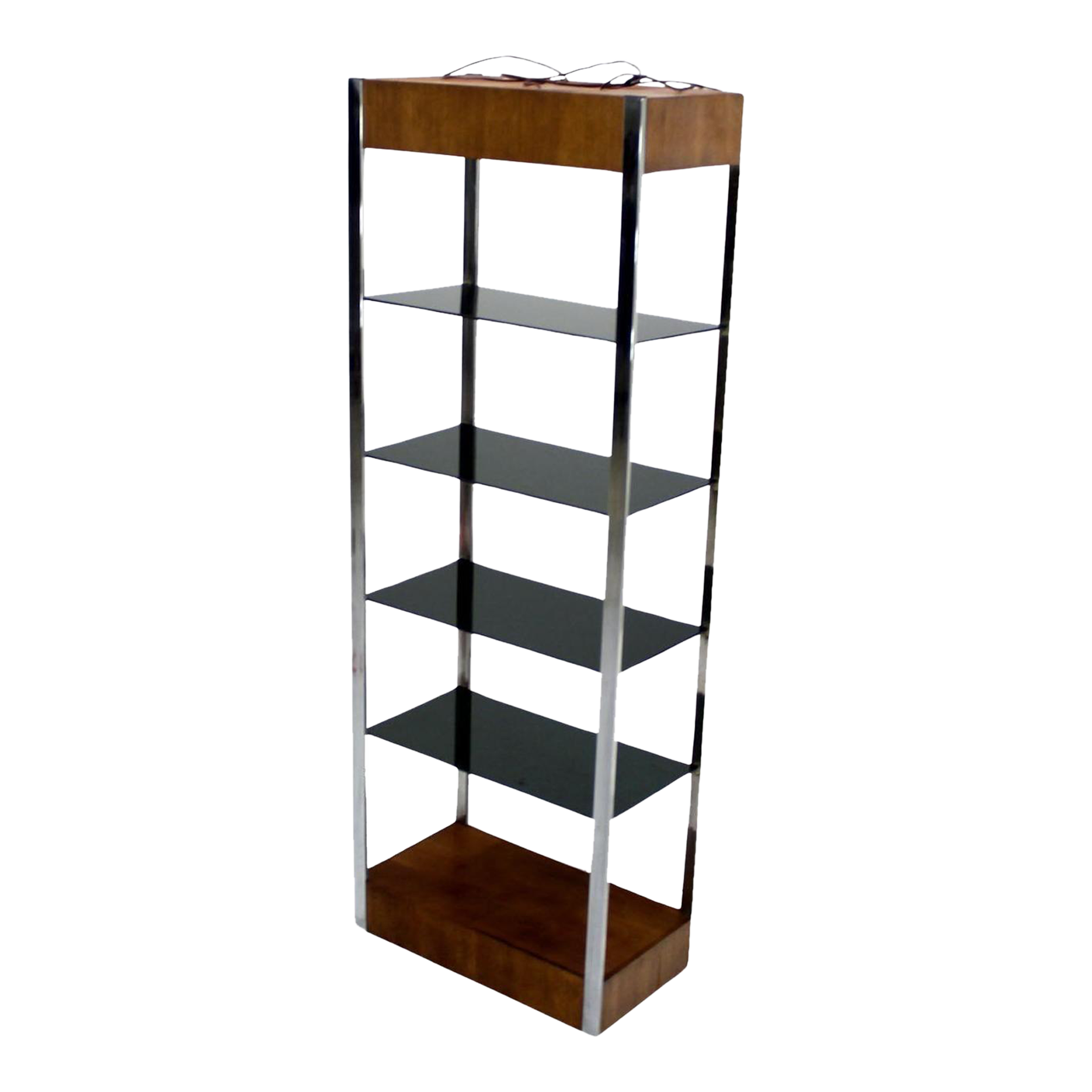 ヴィンテージ glass shelf Mid Century Chrome and Walnut Frame Smoked Glass Shelves Lighted