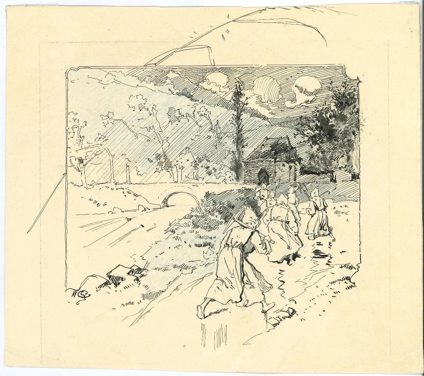 Georges Conrad, Farmers in the Landscape, Pen and Pastel, Early 20th-Century