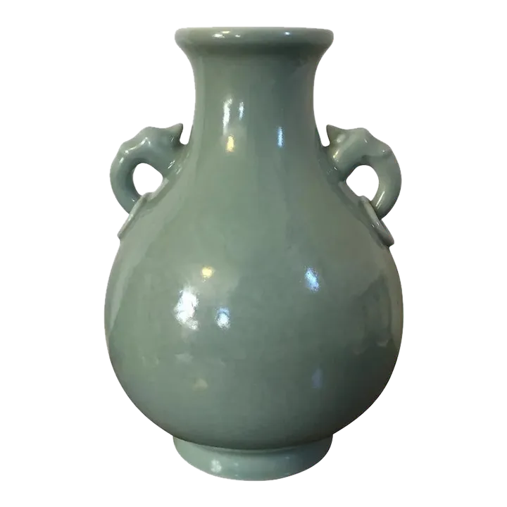 Antique 18th/19th Century Chinese Celadon Vase with Elephant Ring