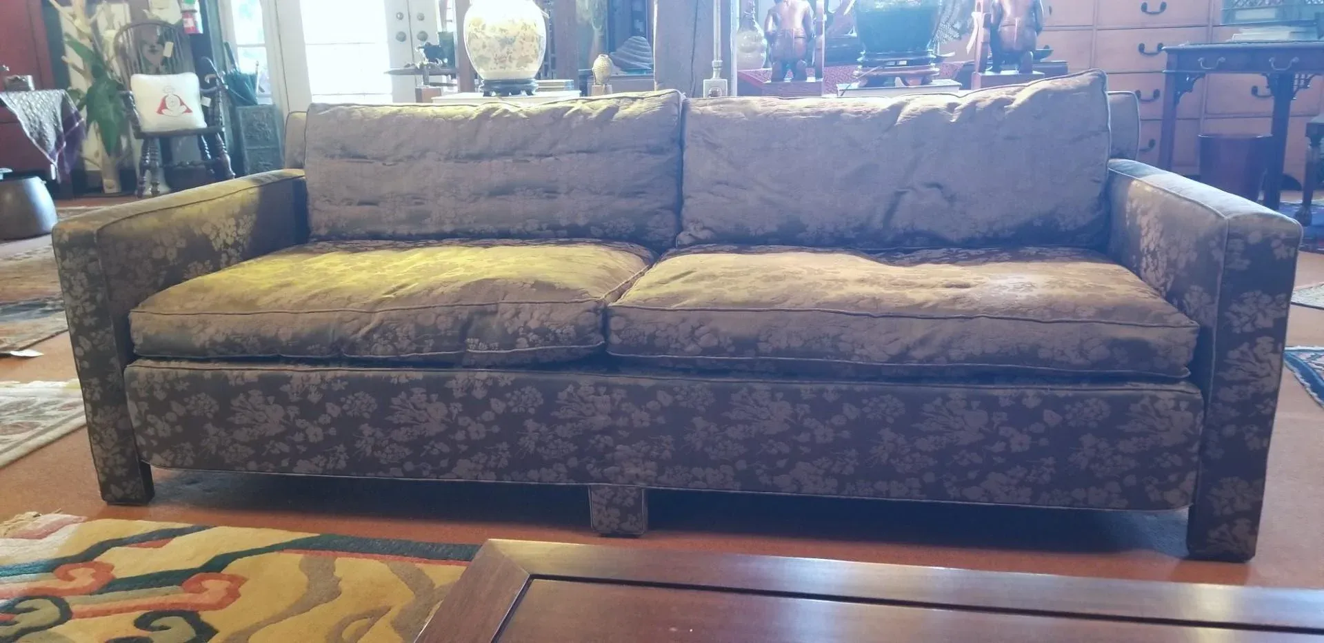 1970s Golden Olive Brown Floral Jacquard Sofa