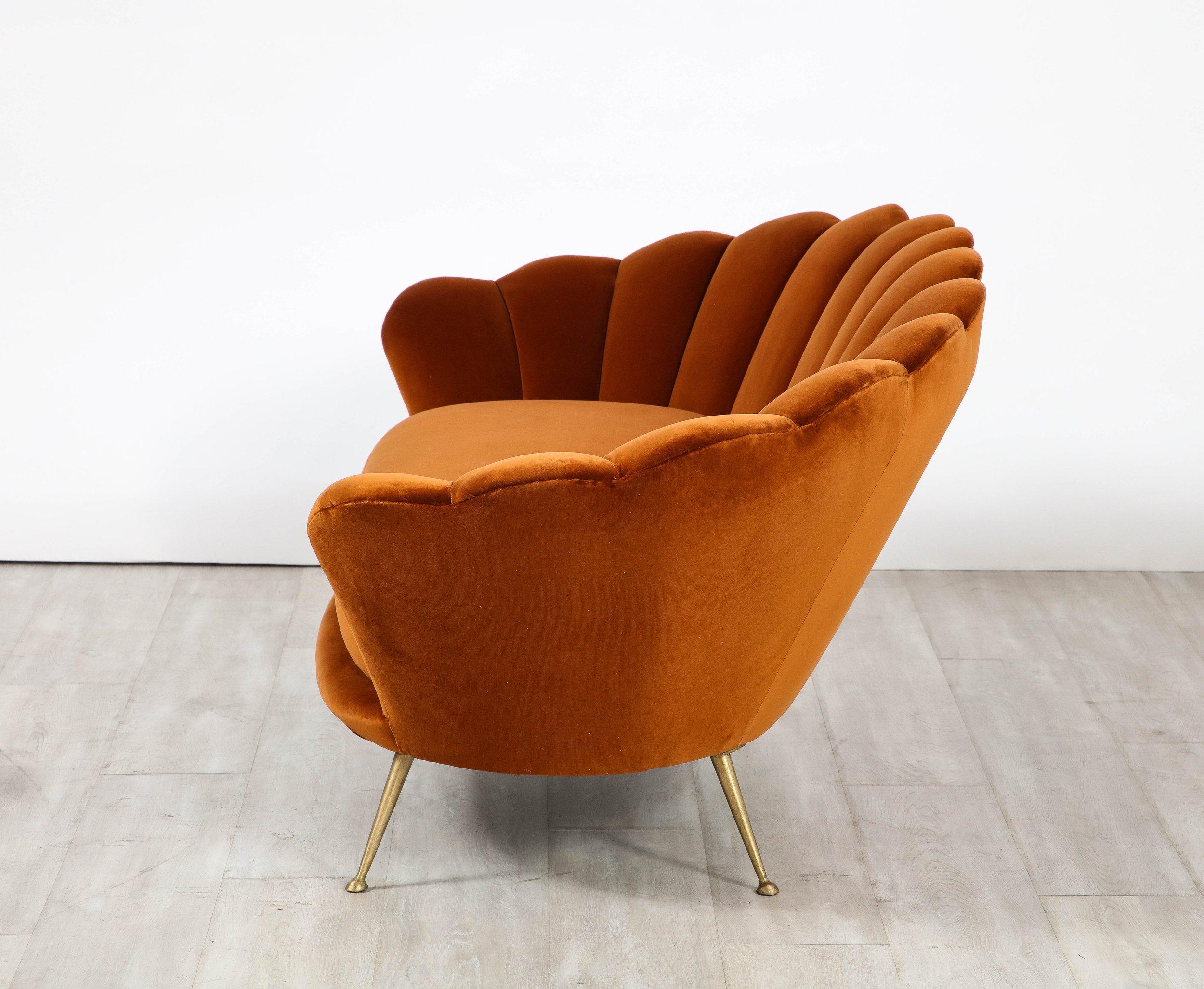 Italian 1950 s Scalloped Shaped Channeled Velvet Settee or Sofa