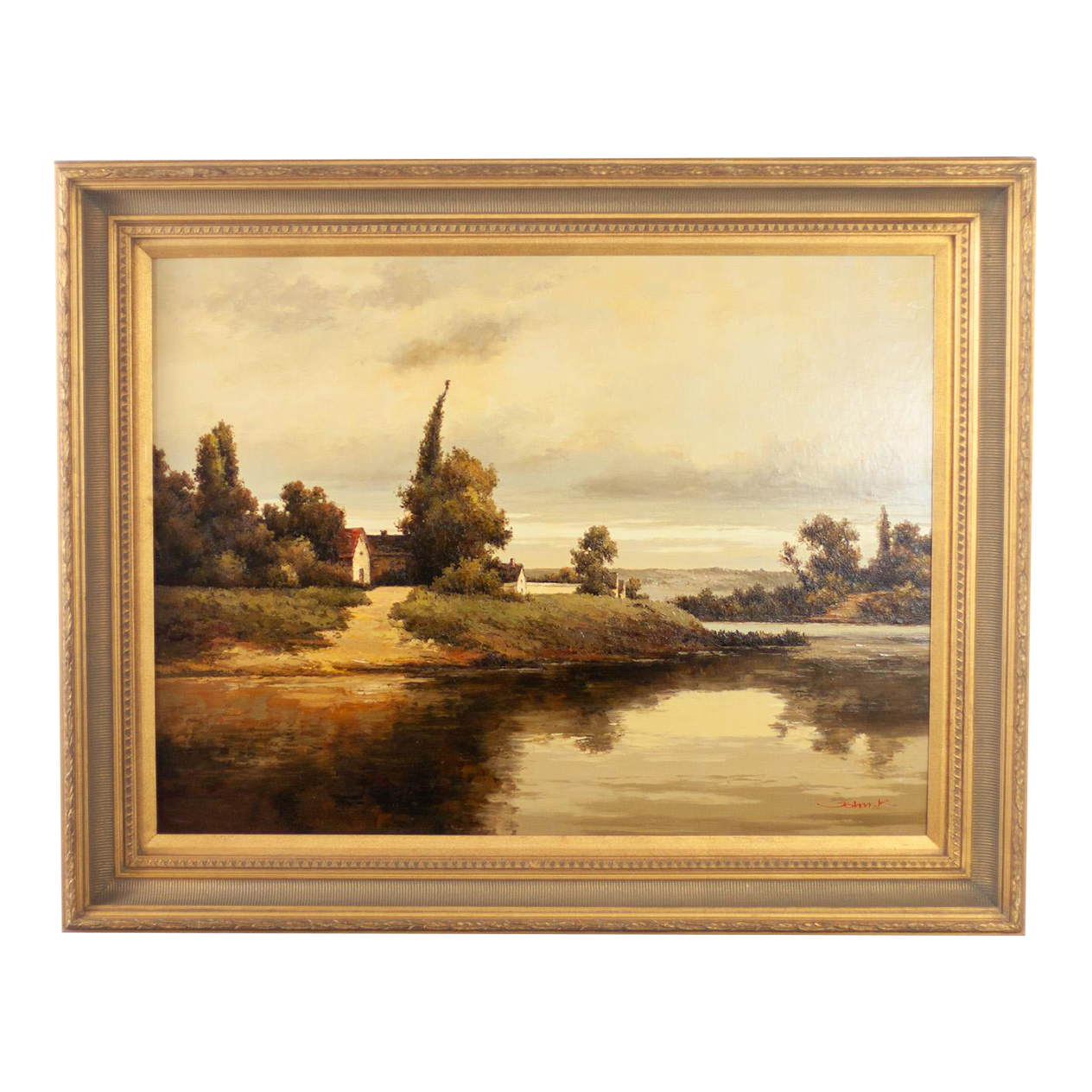 Late 20th Century Monumental Oil Landscape Painting in Ornate