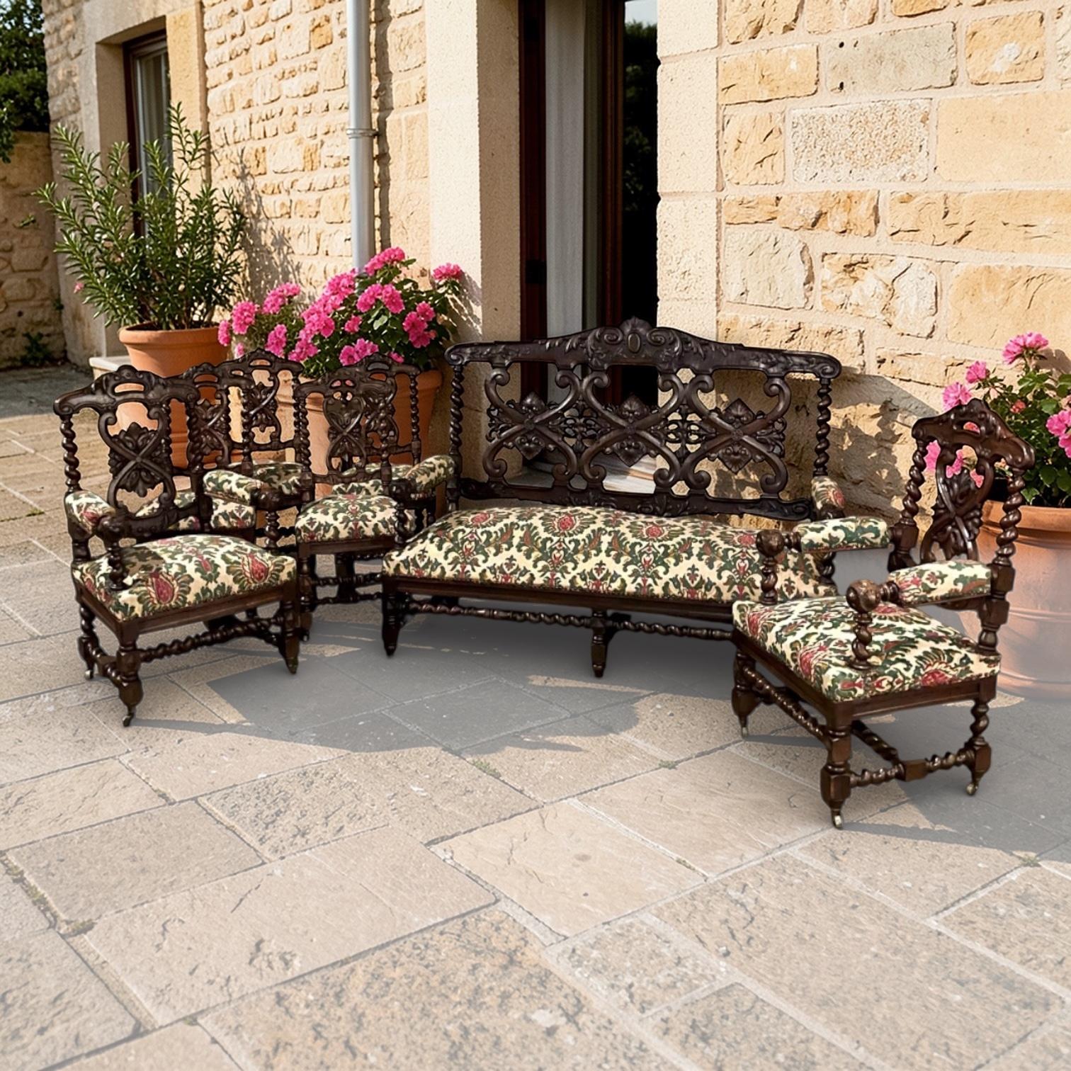 Pair 19th Century Renaissance Revival / Louis XIII Style Barley Twist Armchairs in Solid Oak