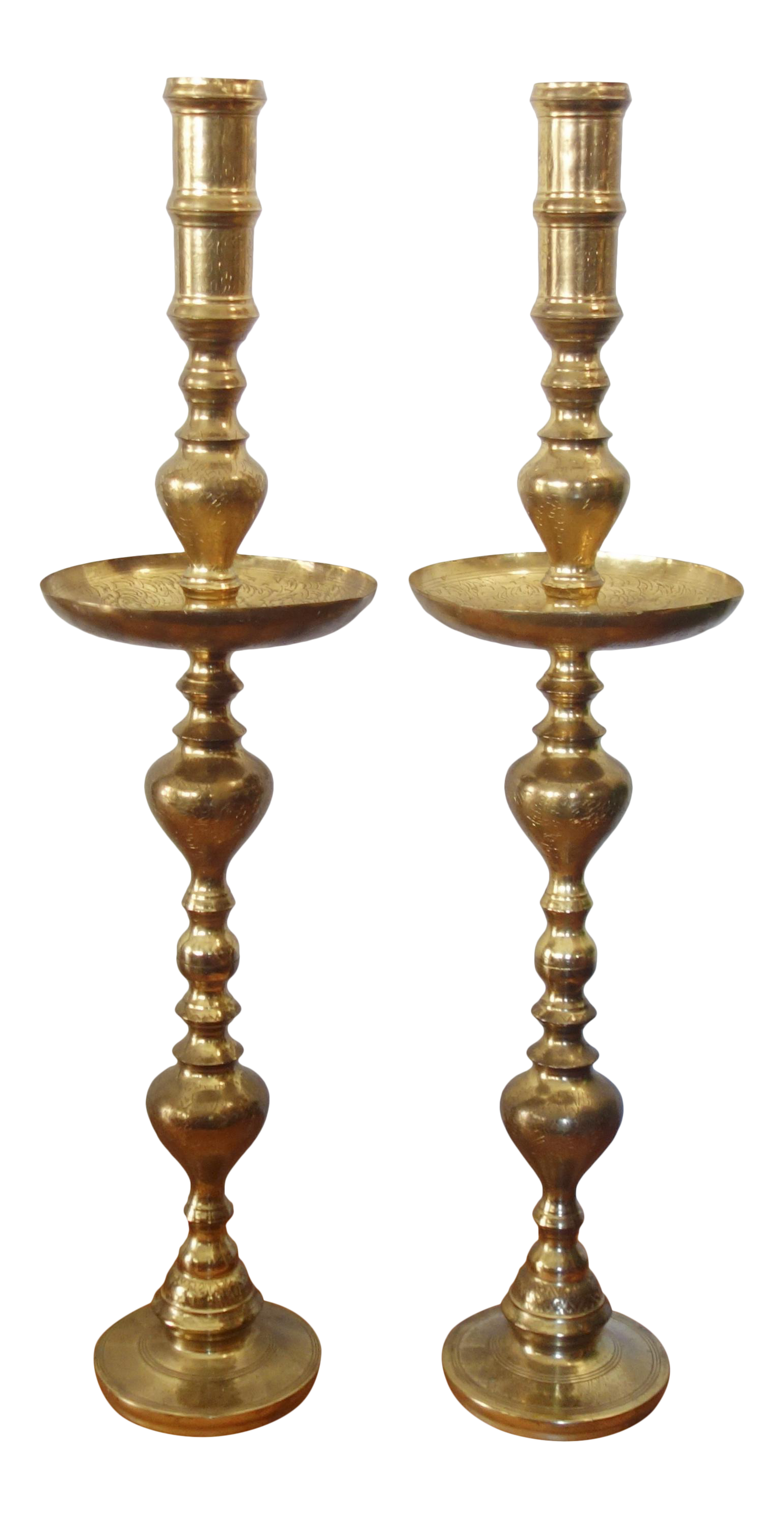 1960s Moroccan Brass Altar Candles Holders Pair Floor Pillar