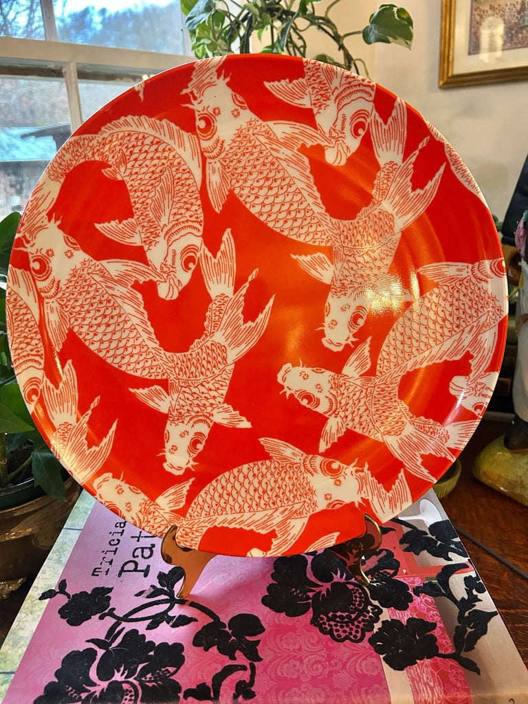 1991 Fitz and Floyd Koi Orange Chinoiserie 12.5” Round Platter 