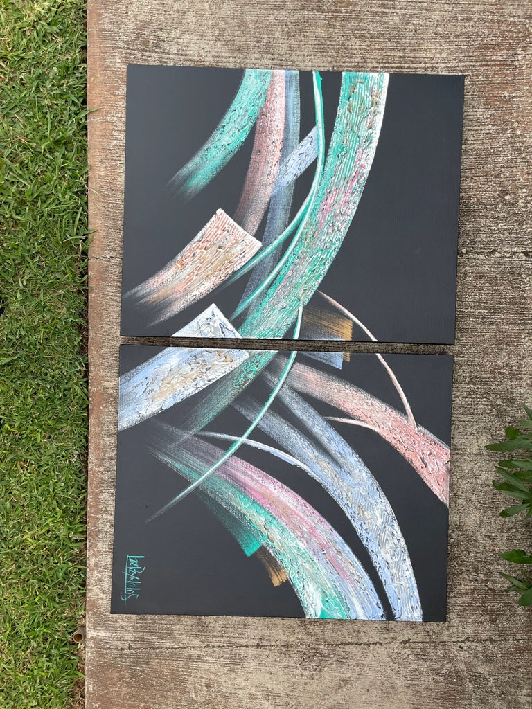 Colorful Mixed Media Paintings by Lee Reynolds- a Pair | Chairish