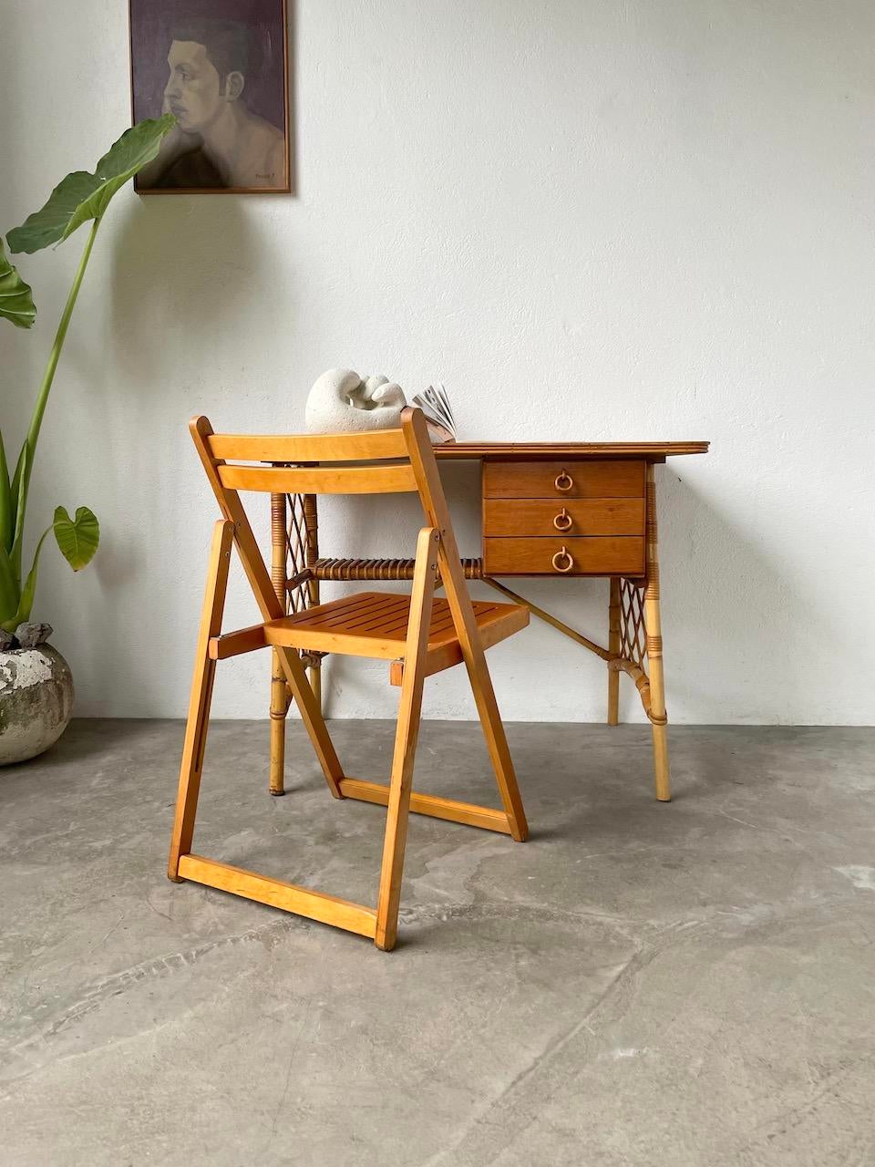 Vintage Rattan Desk and Chair by Louis Sognot, 1960s, Set of