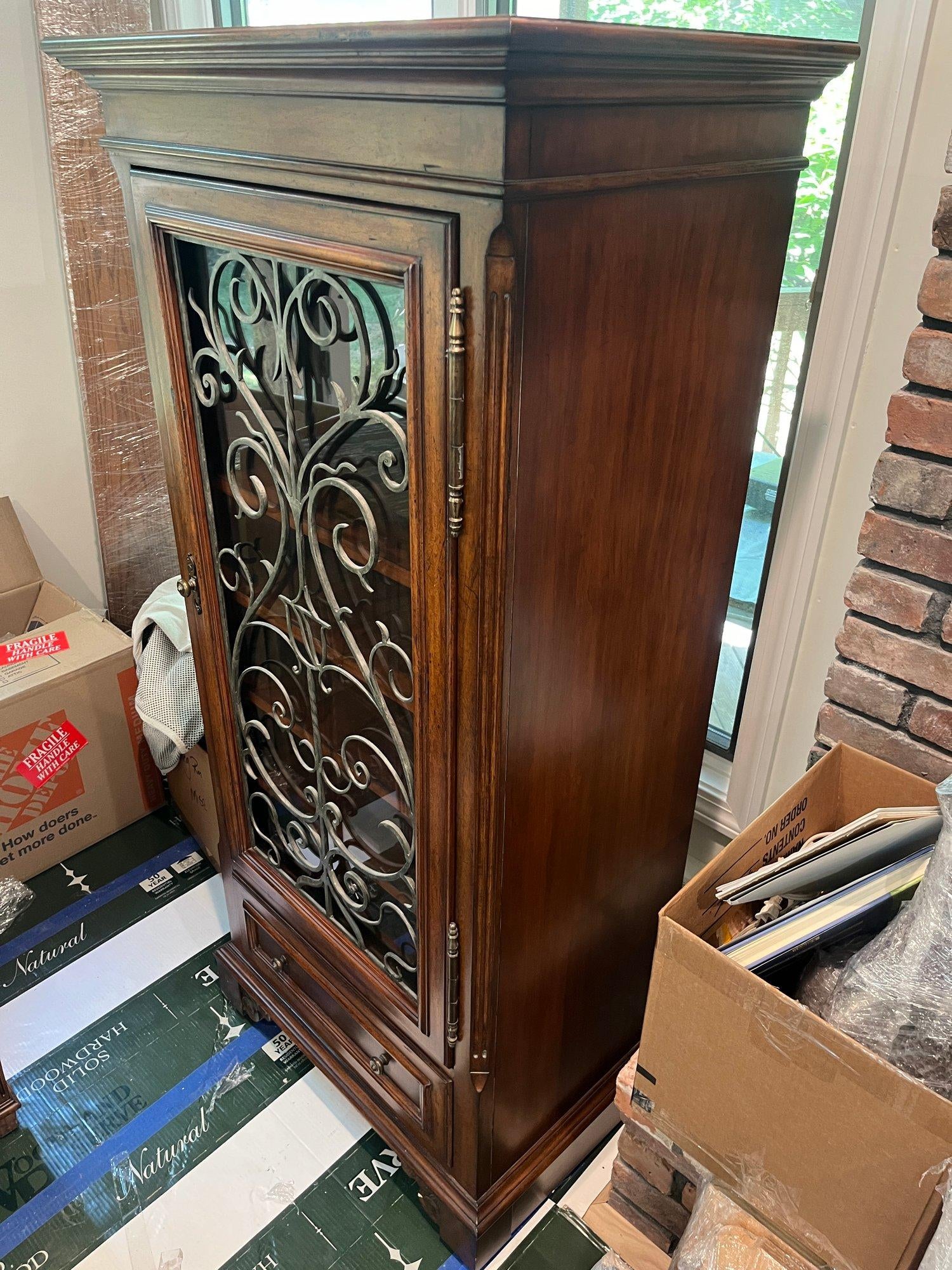 1990s Ethan Allen Tuscany Wine Cabinet Glass Doors Wrought Iron Filigree Chairish