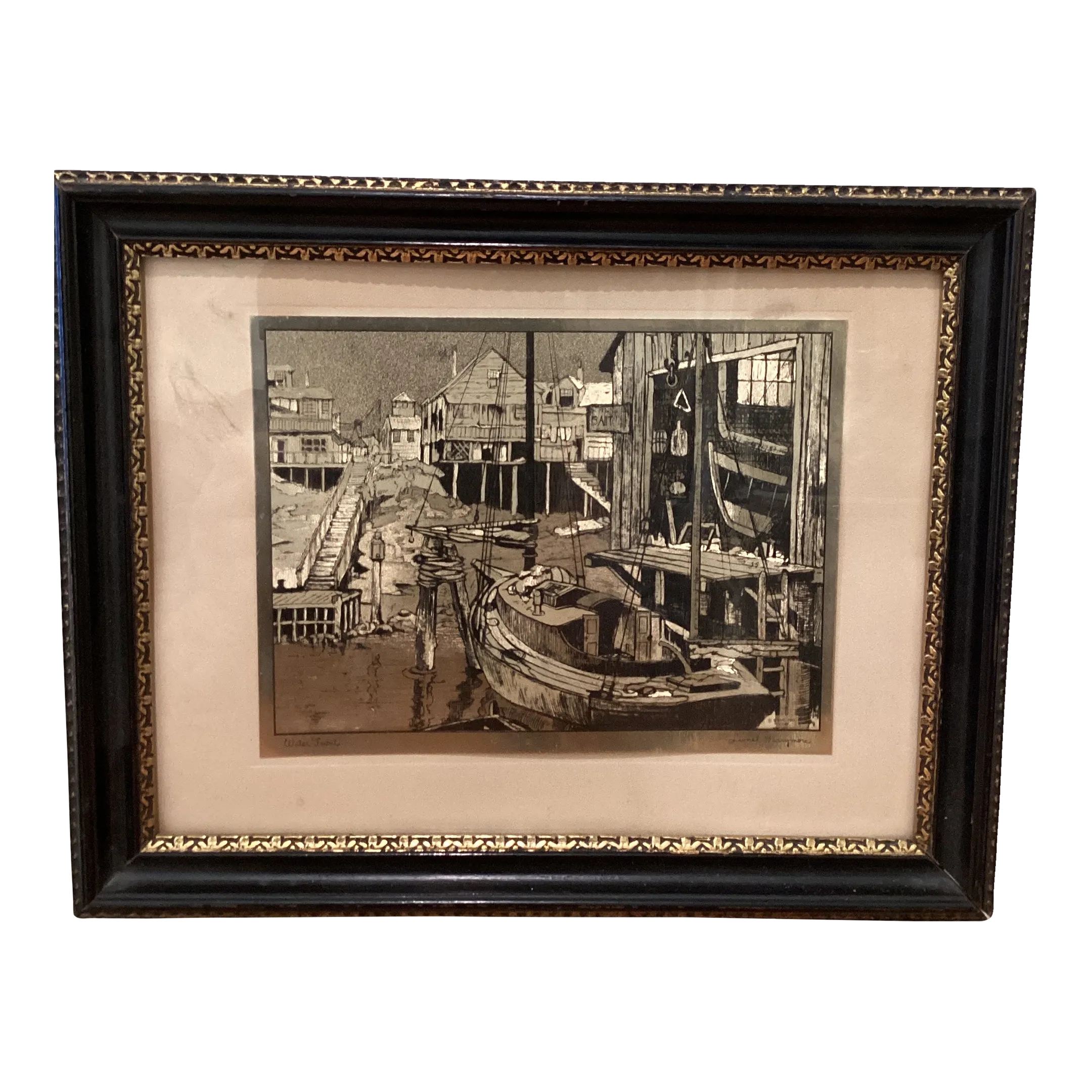 Mid 20th Century Vintage Lionel Barrymore Nautical Motif Gold Foil Print, Framed