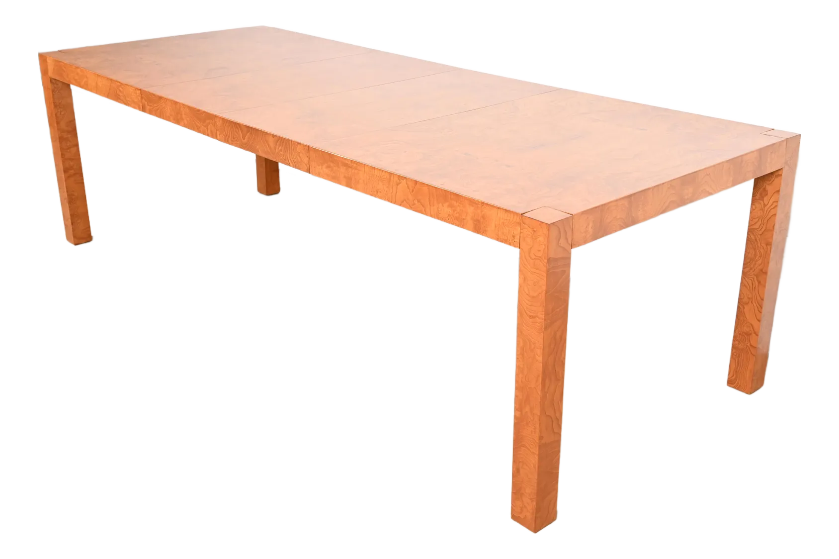 Milo Baughman Style Burl Wood Parsons Extension Dining Table by