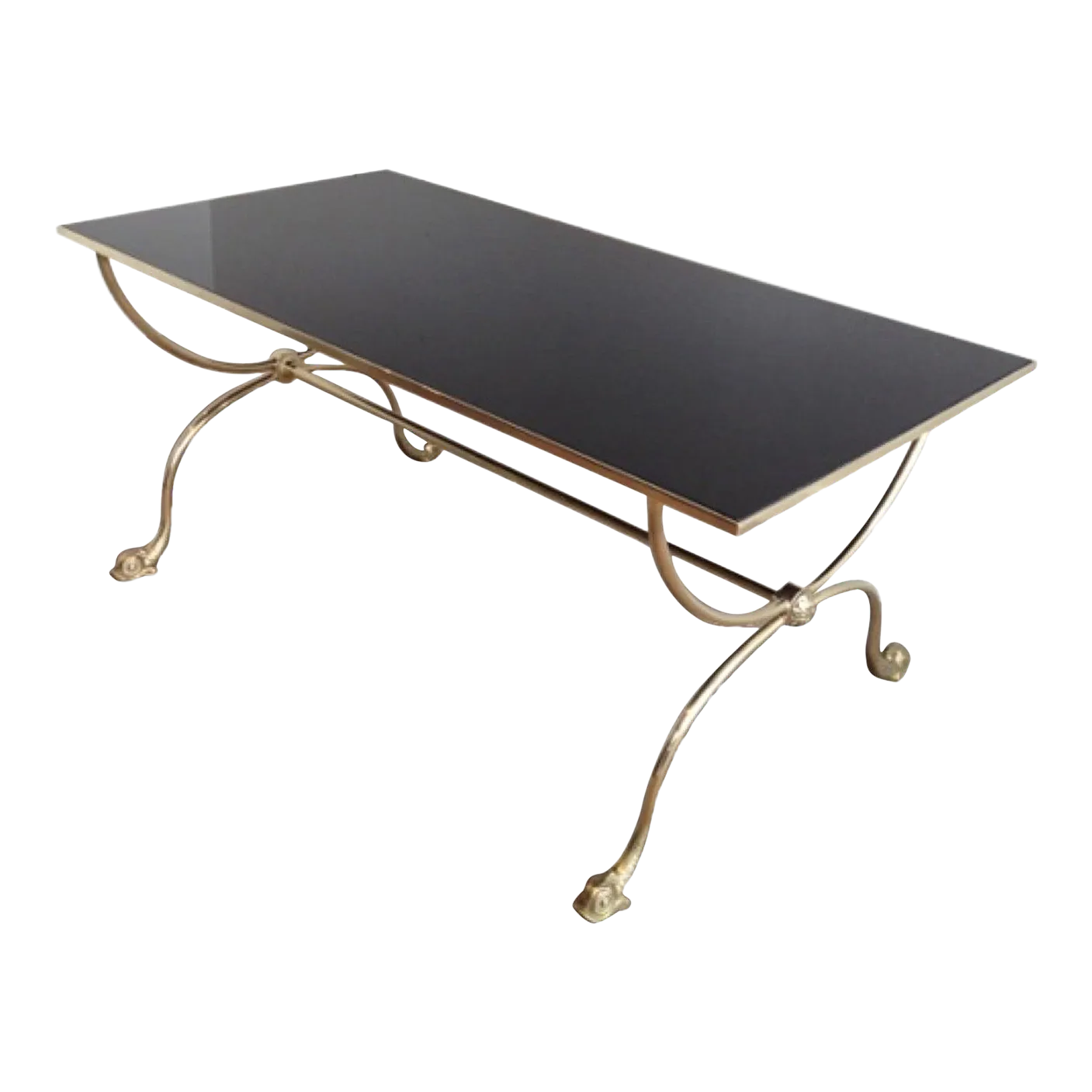 1940s Fench Brass & Black Lacquered Glass Top Dolphin Heads Coffee