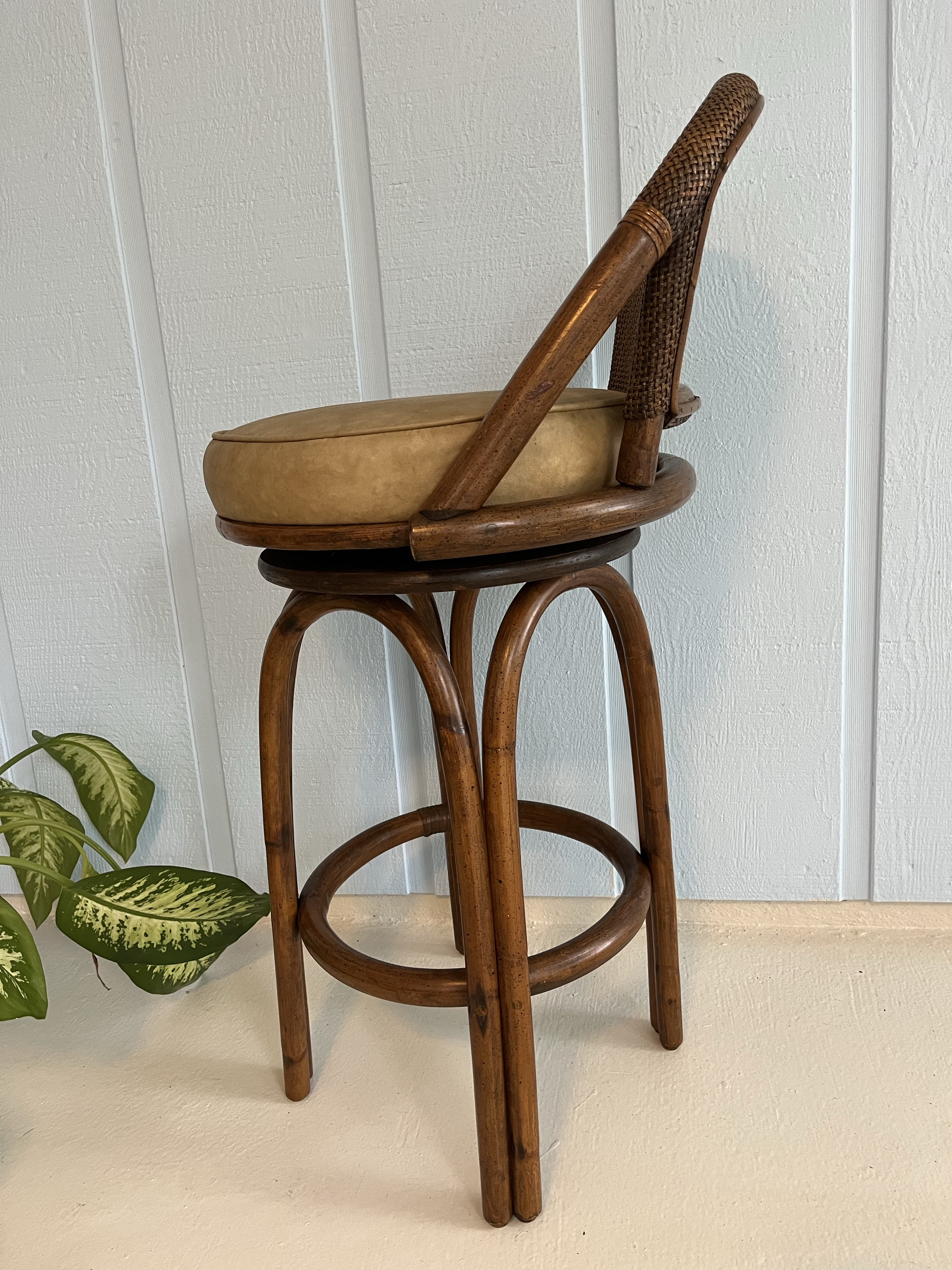1970s Ficks Reed Swivel Bar Stool-Bamboo Rattan Frame-Cane Back