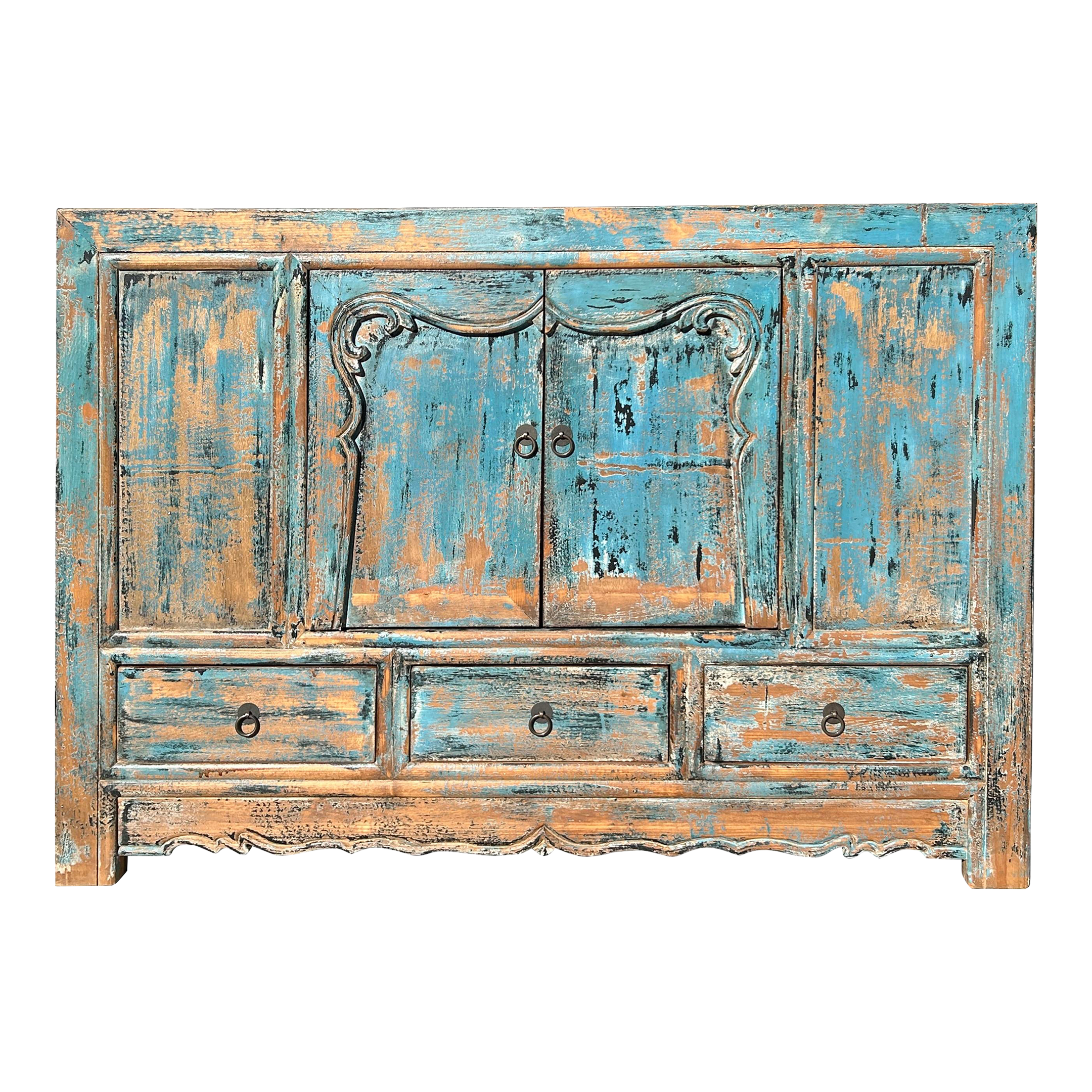Distressed Rustic Aqua Teal Blue 2 Doors Credenza Sideboard