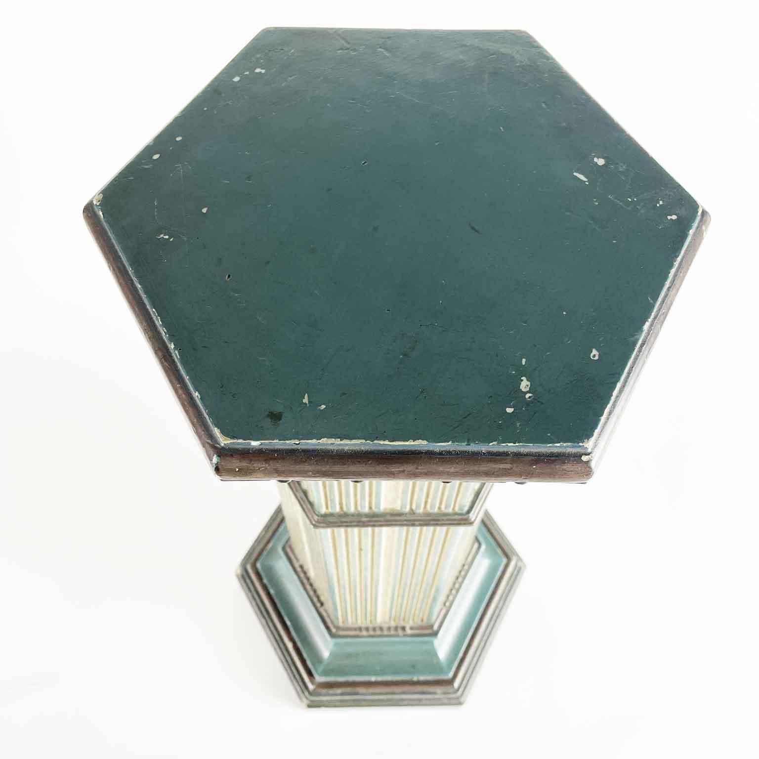 Ivory and Turquoise Hexagonal Wooden Column, 1940s