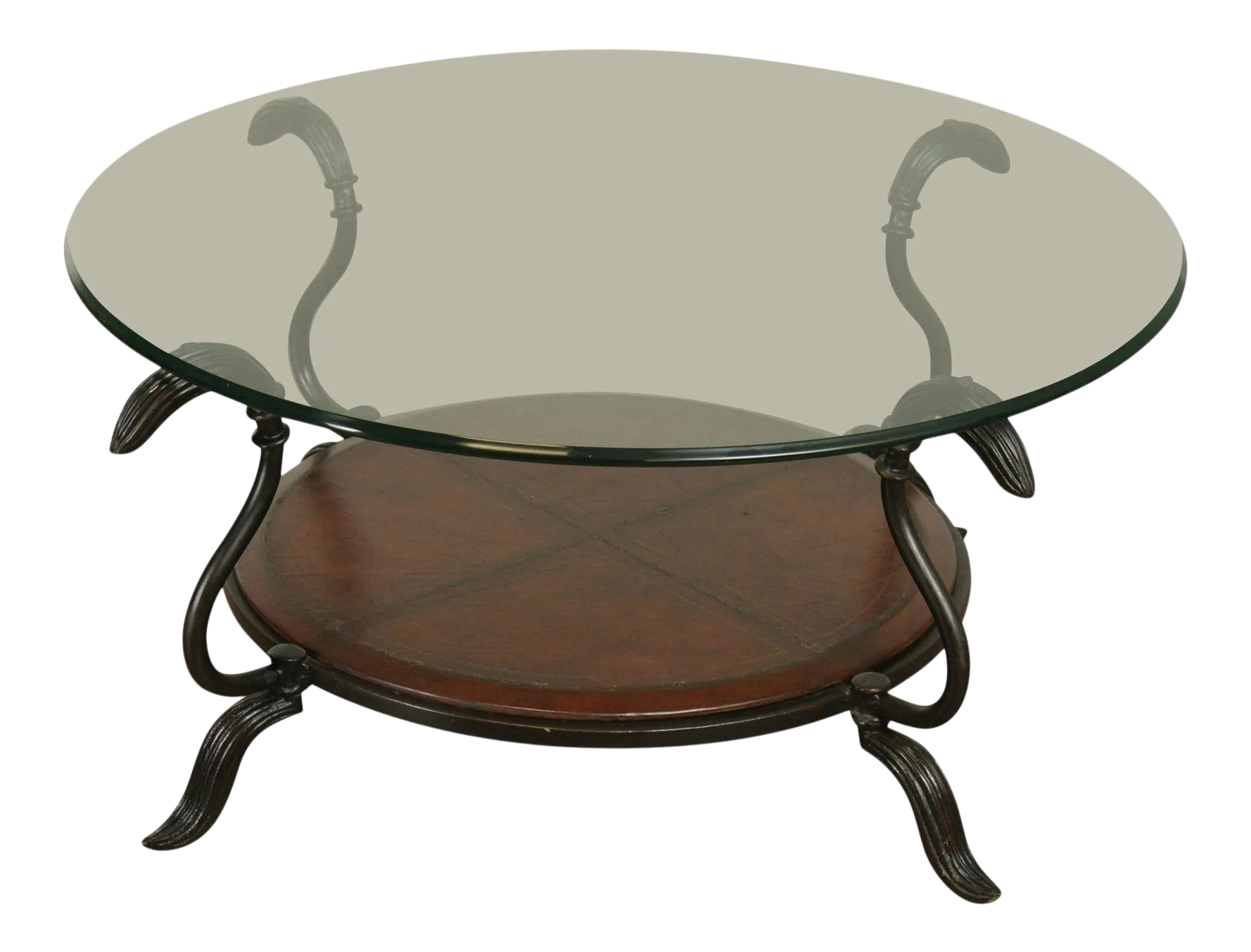 LaBarge Round Glass Top Wrought Iron Table, Leather Tier Chairish