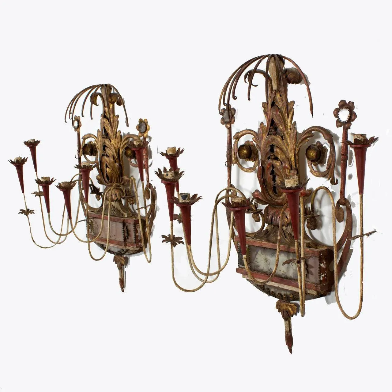 Neoclassical Style Painted Tole, Wood and Mirror Wall Sconces - A Pair