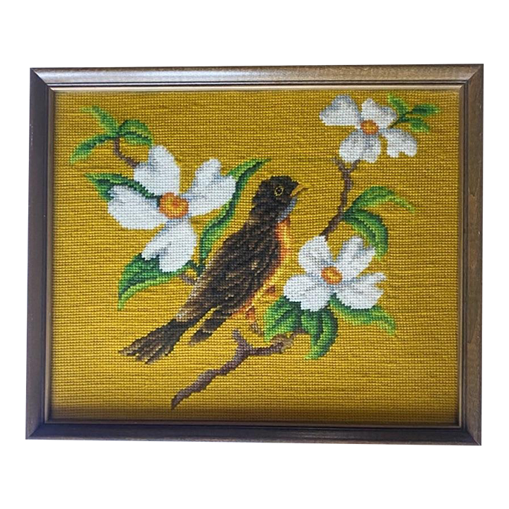 Vintage 1970’s Needlepoint Artwork of Flowers and Bird, Framed Under