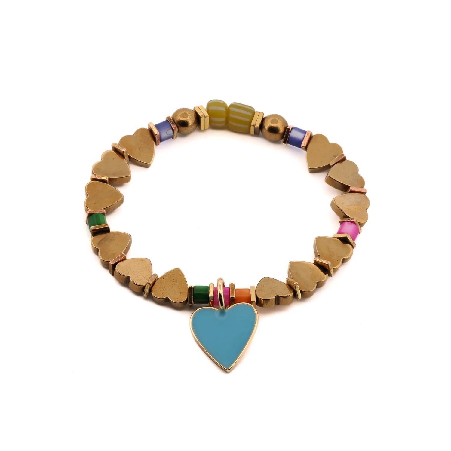 Blue Heart Charm Gold Beaded Bracelet