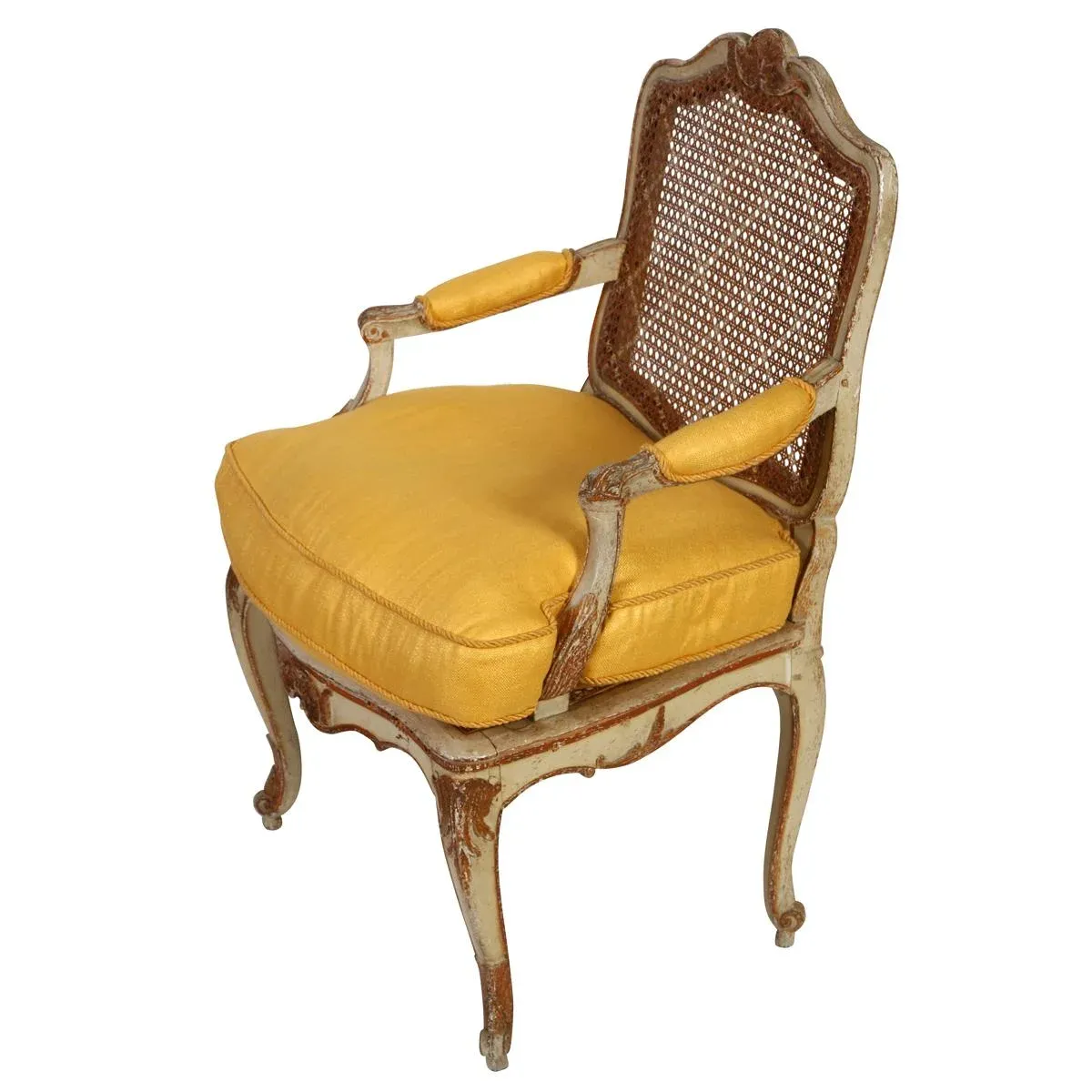Louis XV Caned Lattice Arm Chair Newly Upholstered in Yellow Linen